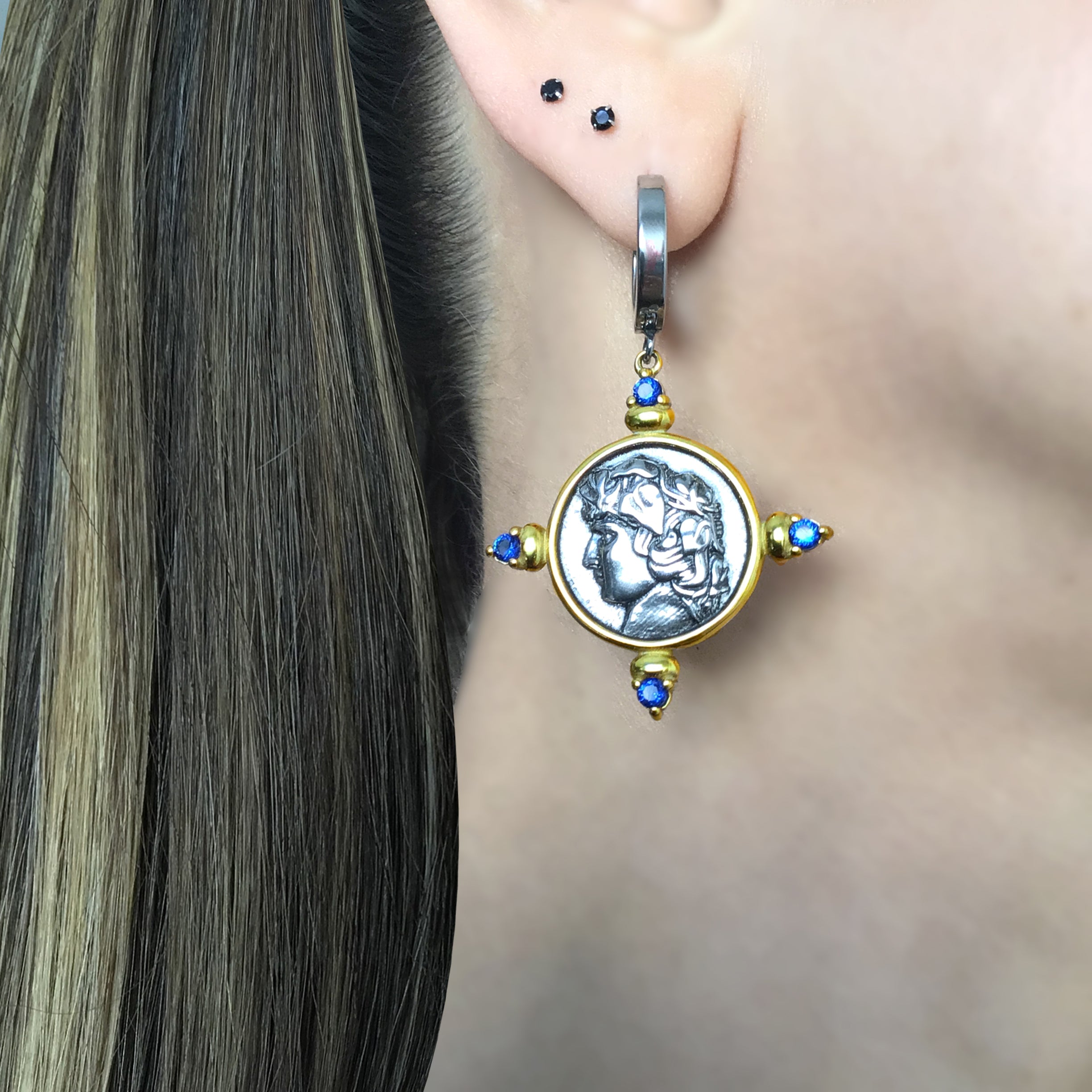 Coin hoop earrings with Sapphire CZ stones