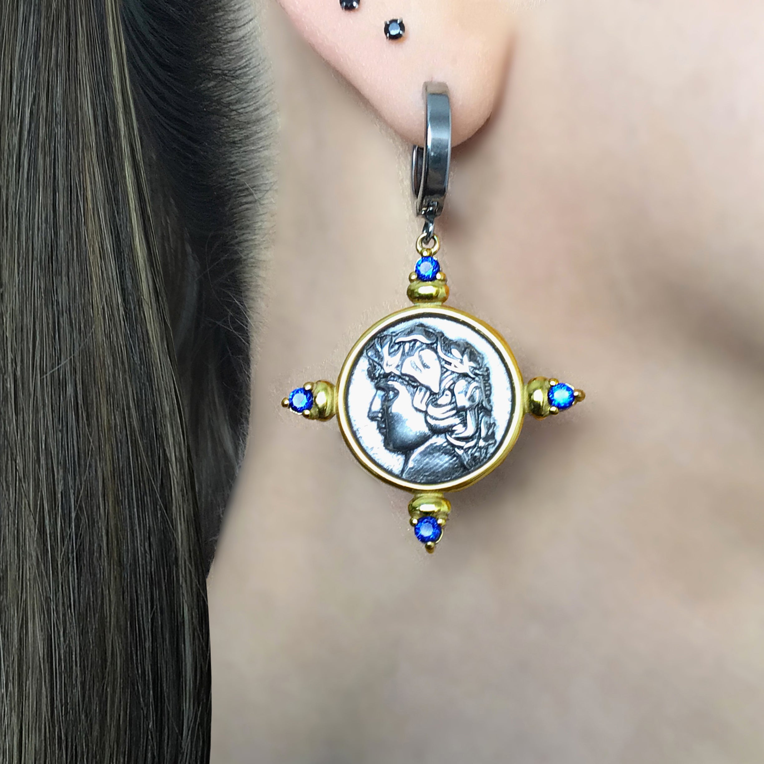 Coin hoop earrings with Sapphire CZ stones