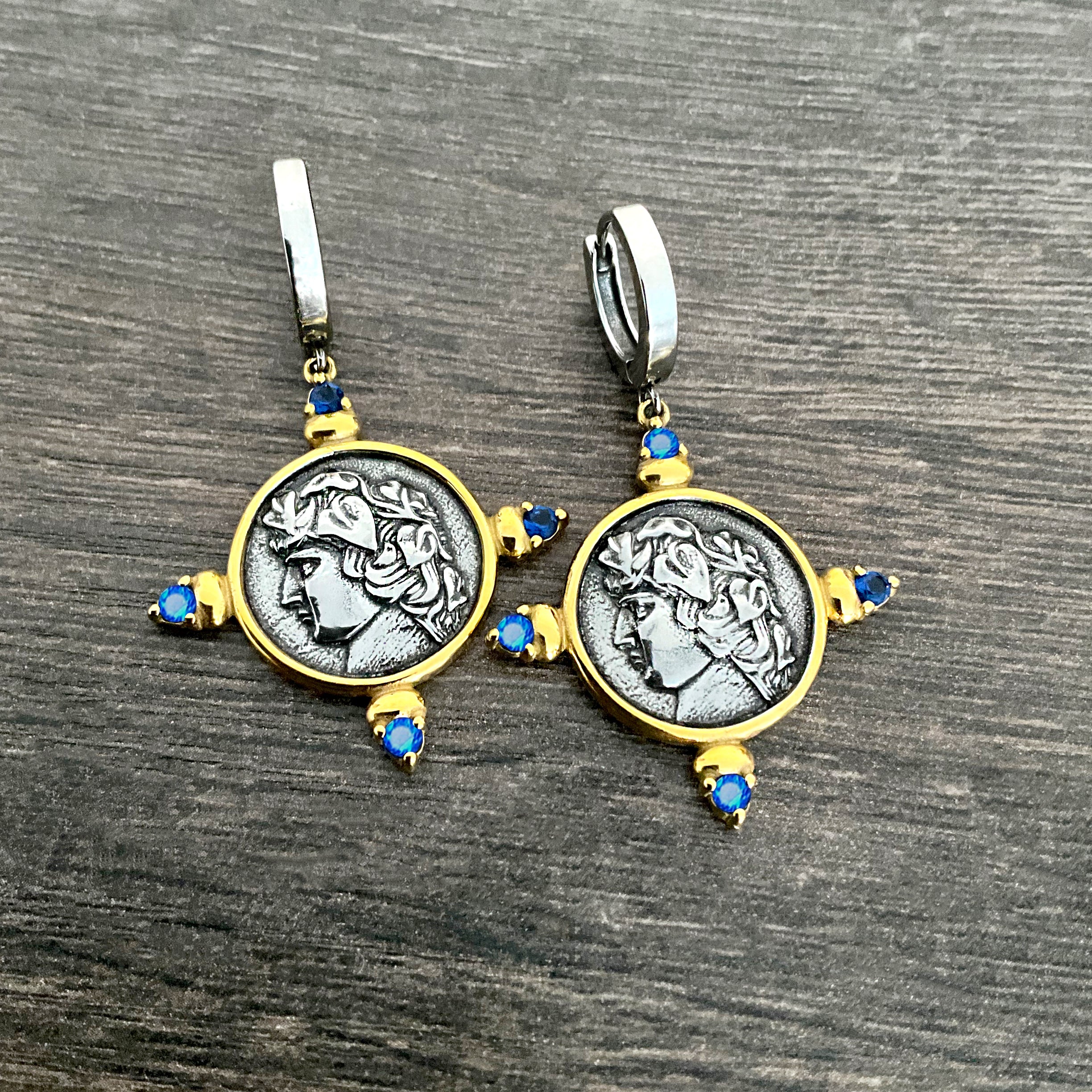 Coin hoop earrings with Sapphire CZ stones