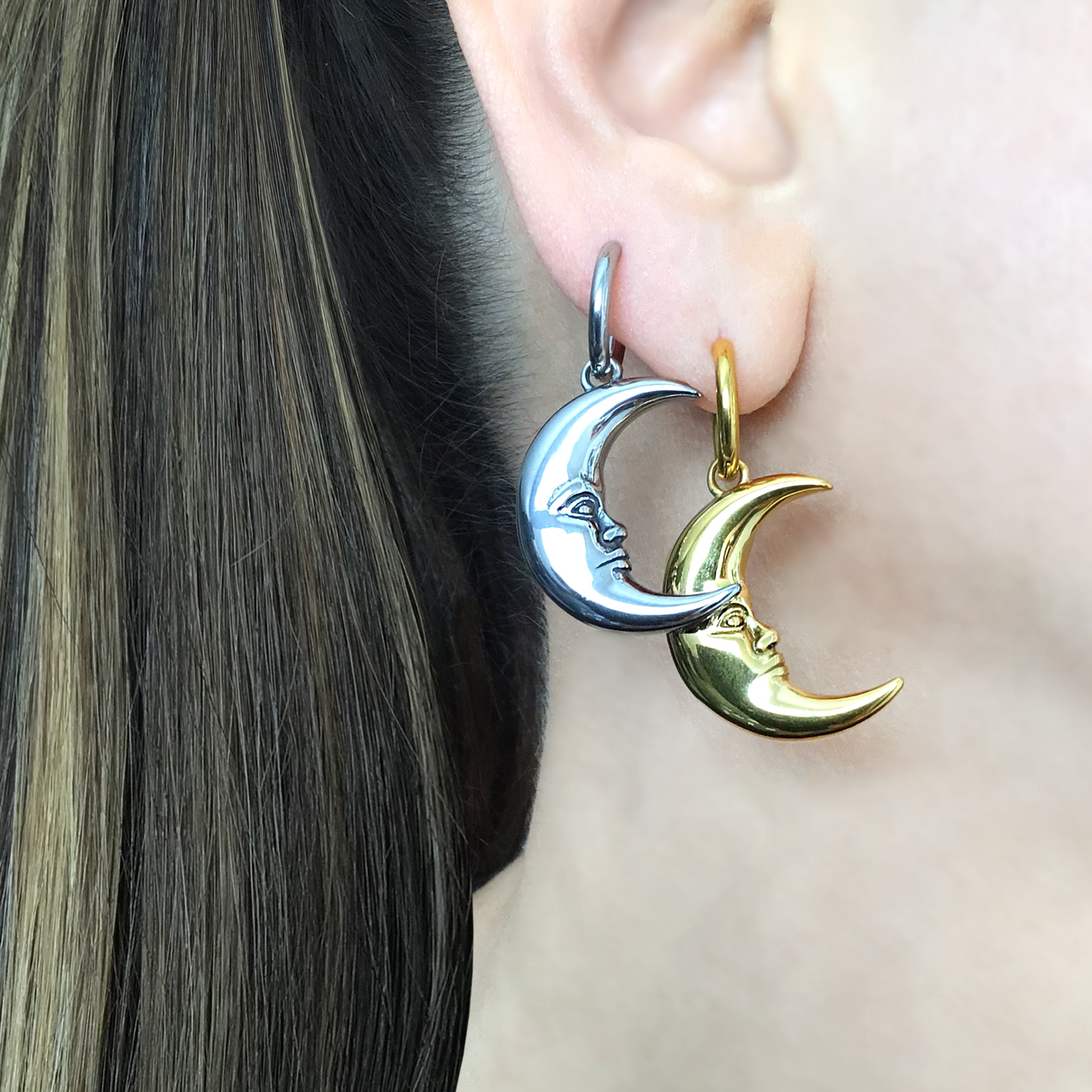 Celestial Moon Face Hoop Earrings