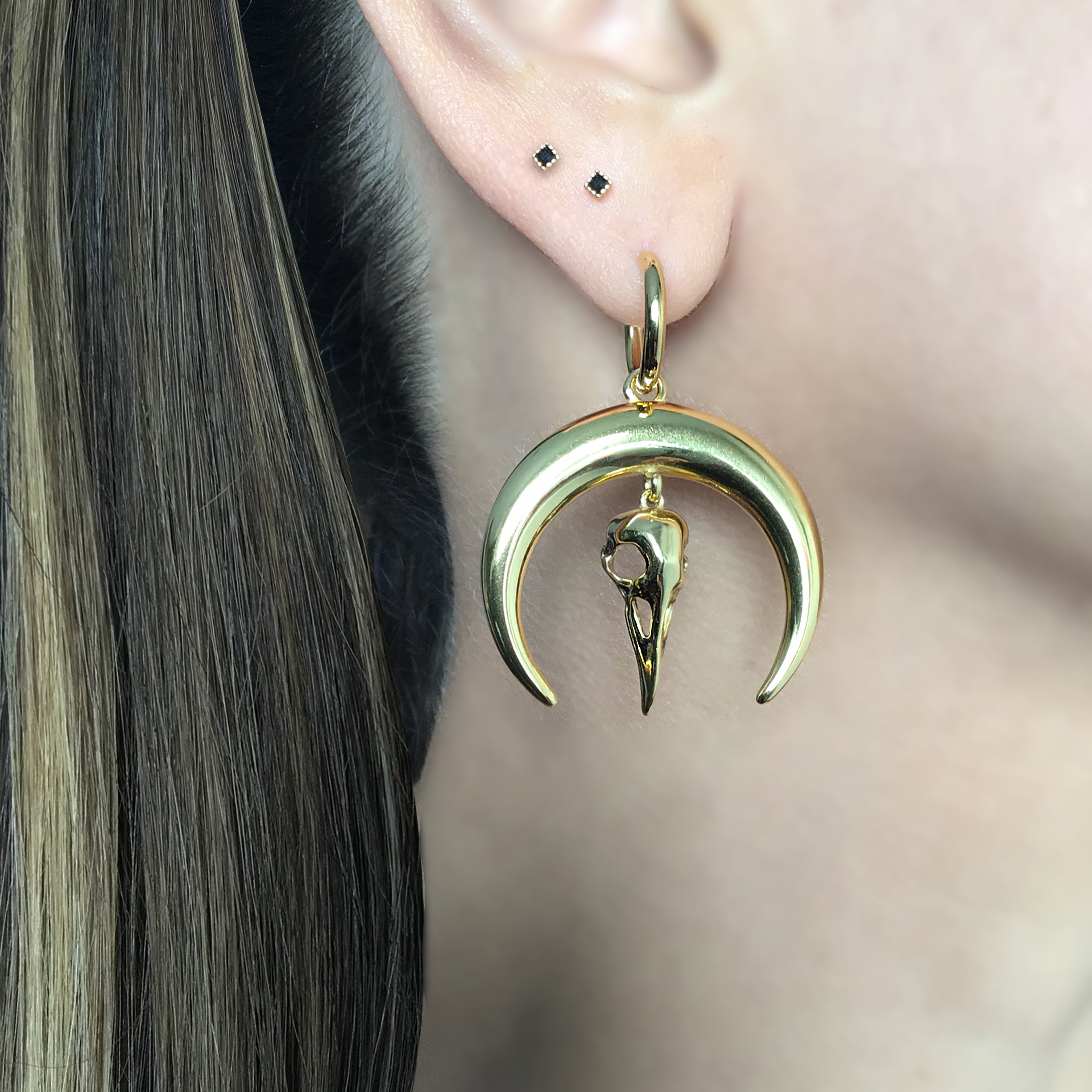 Moon and Raven hoop earrings in Black