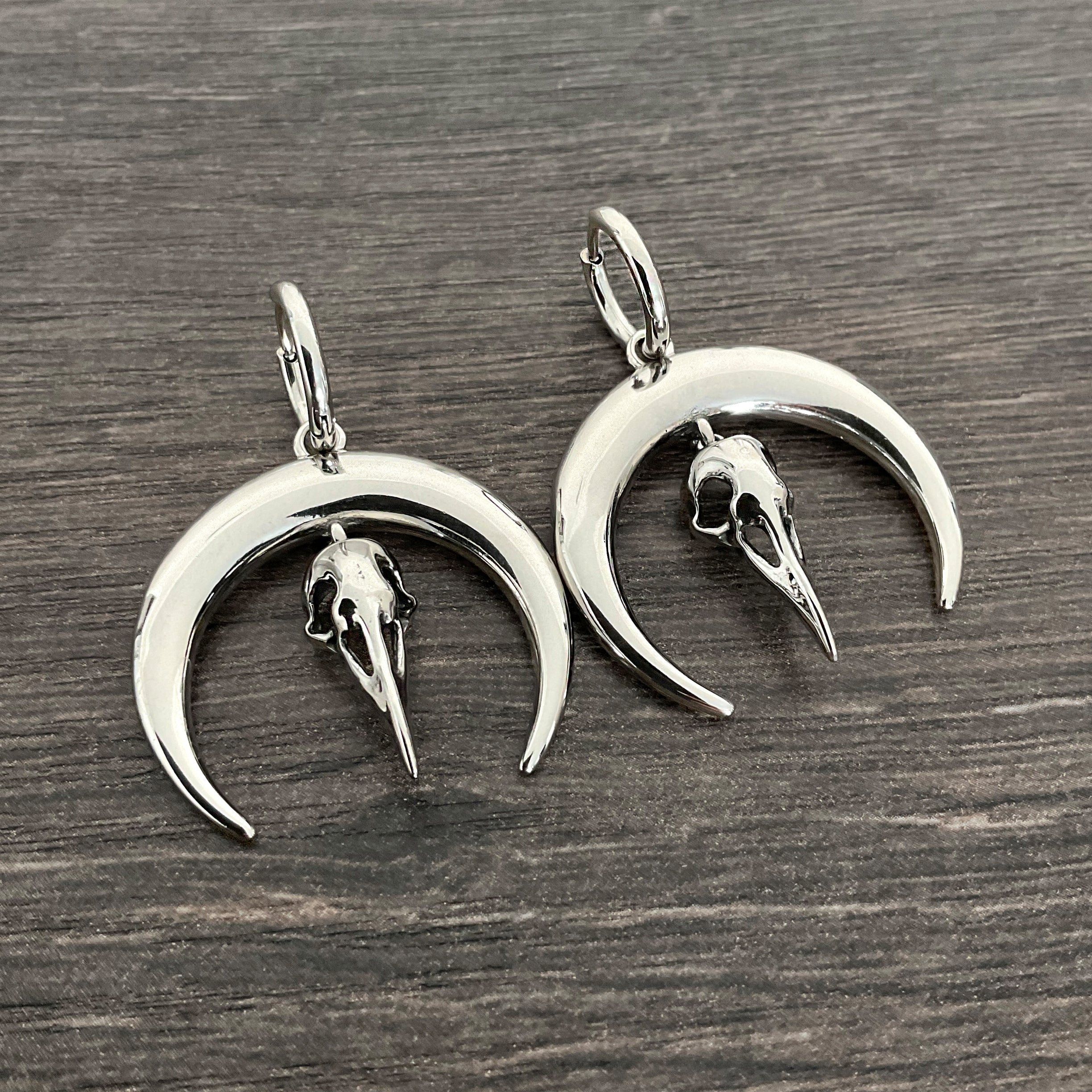 Moon and Raven hoop earrings in Silver