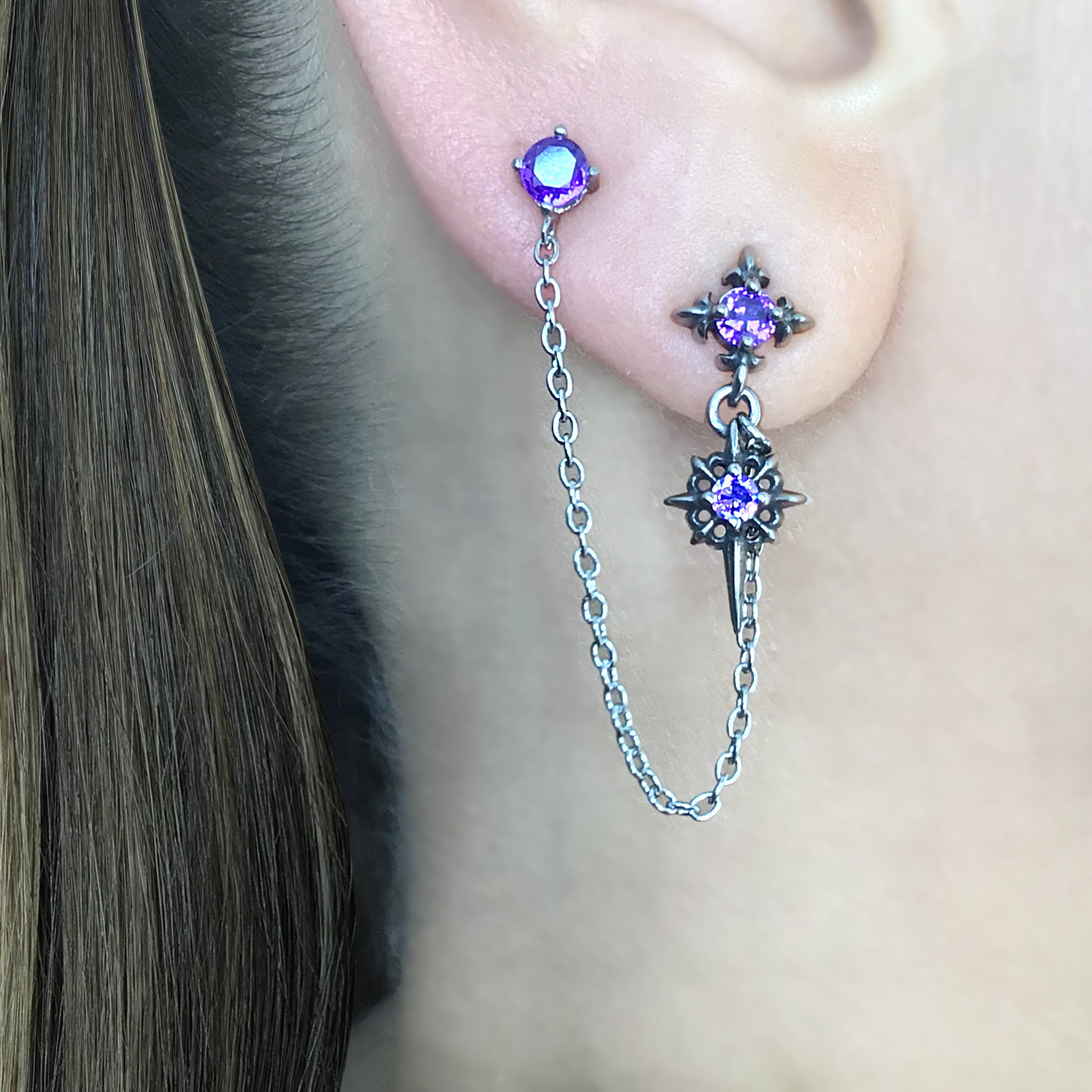 Double piercing Gothic Star earring with Purple stone