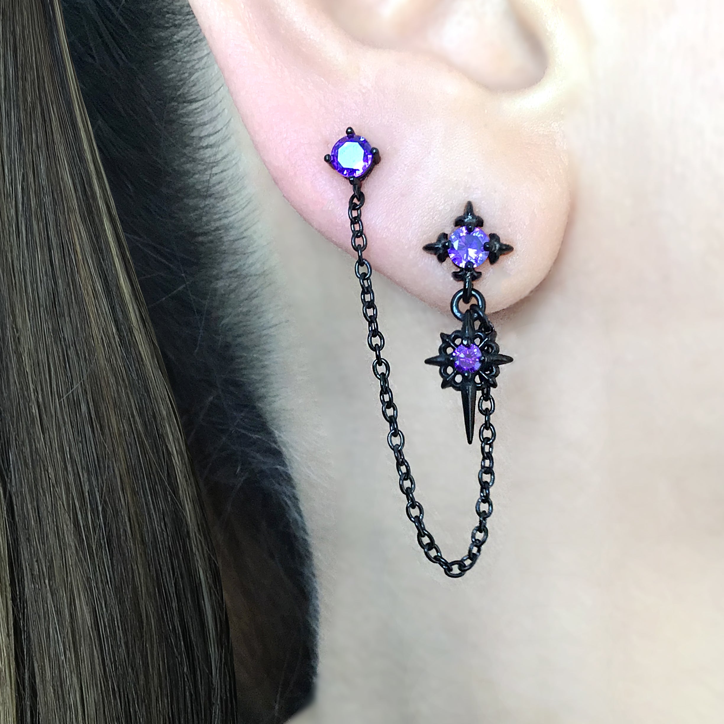 Double piercing Gothic Star earring with Purple stone