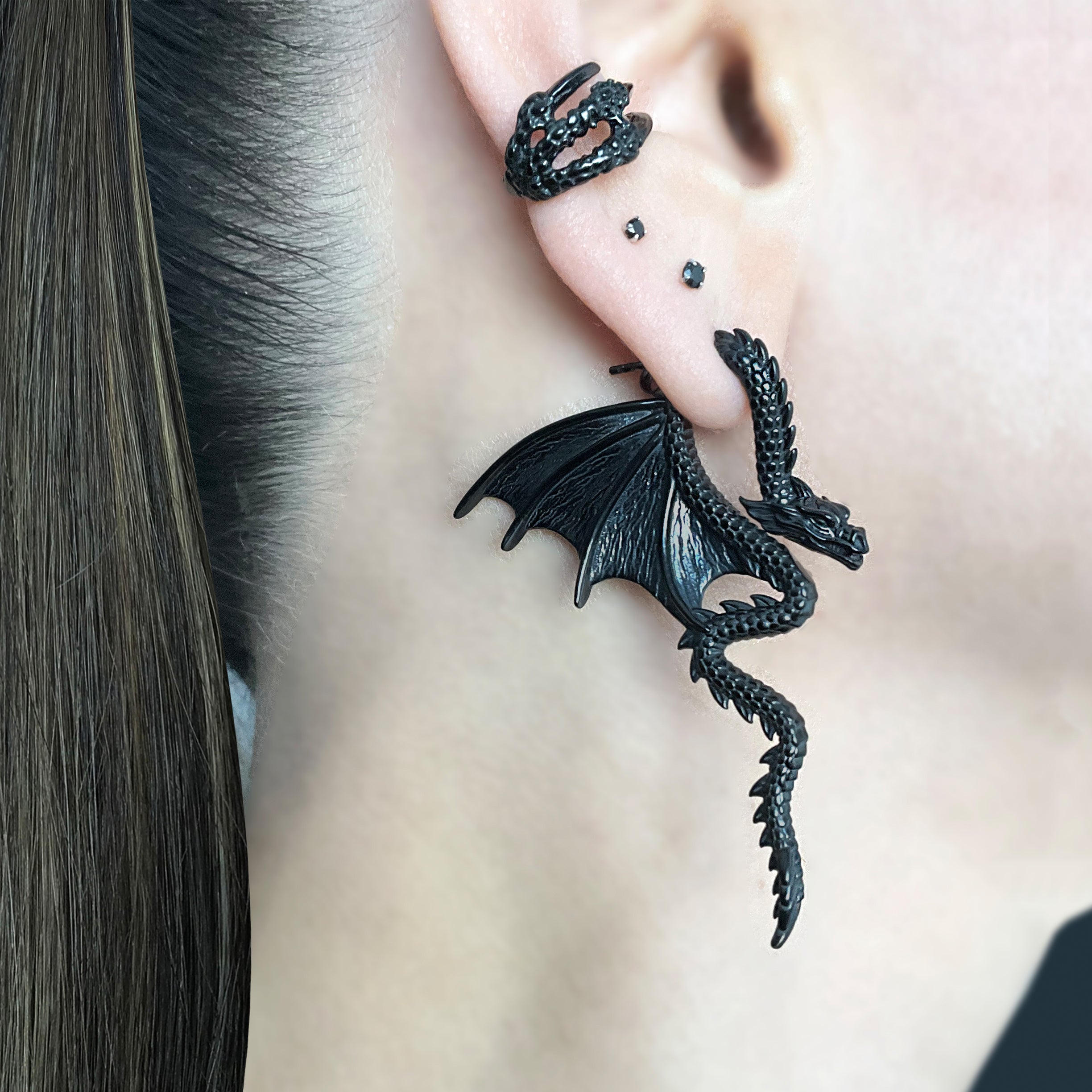 Dragon front back earrings in Black