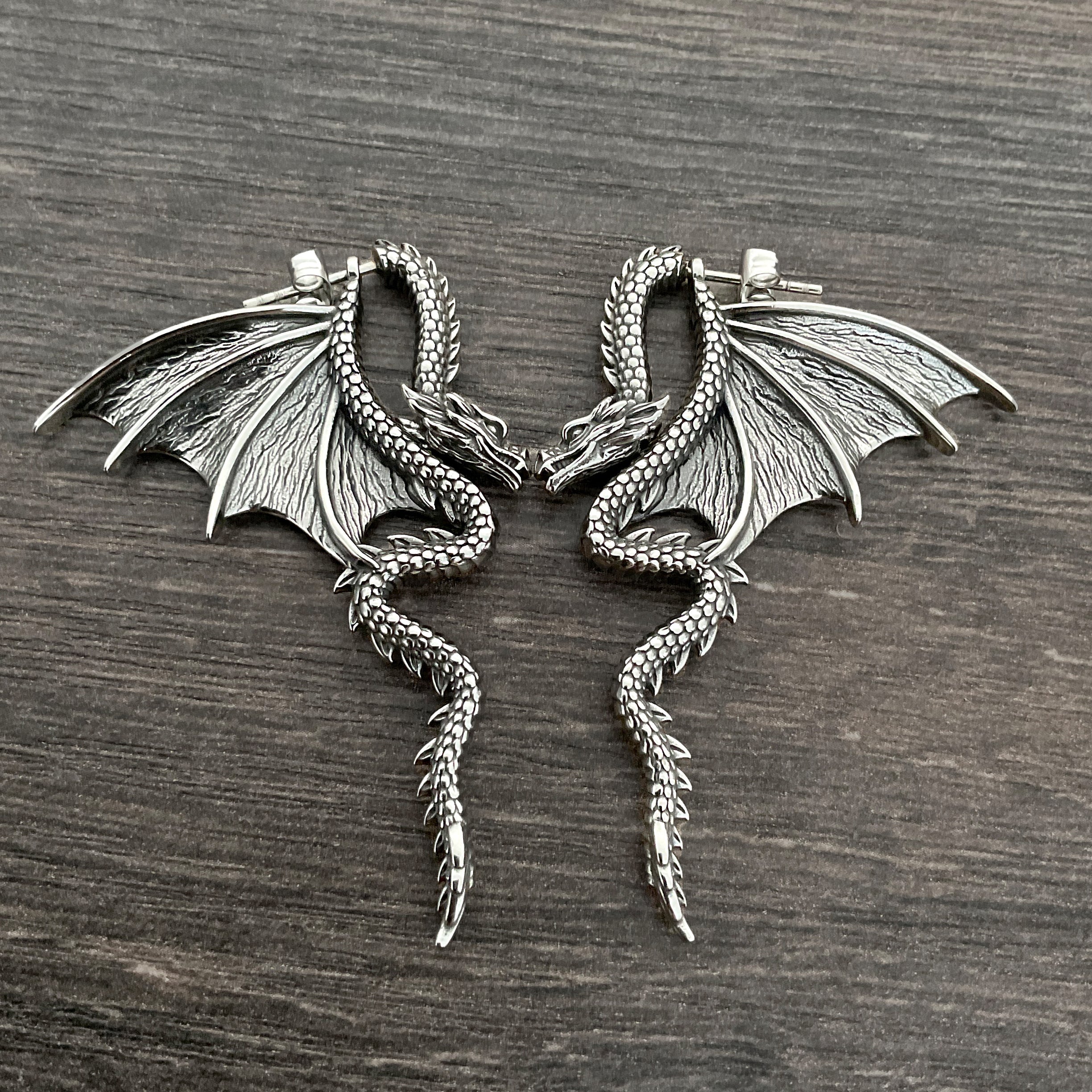 Dragon front back earrings in Silver