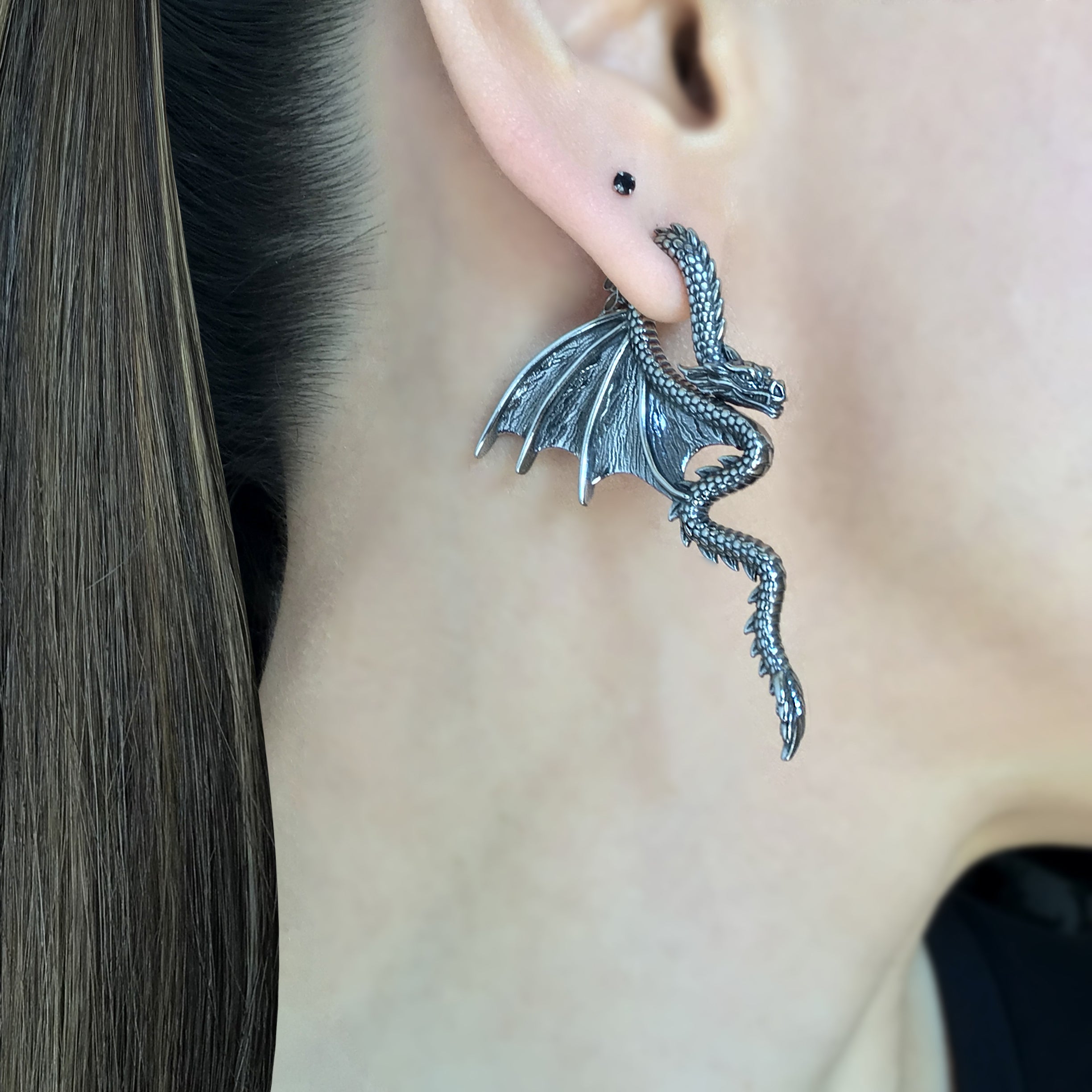 Dragon front back earrings in Black