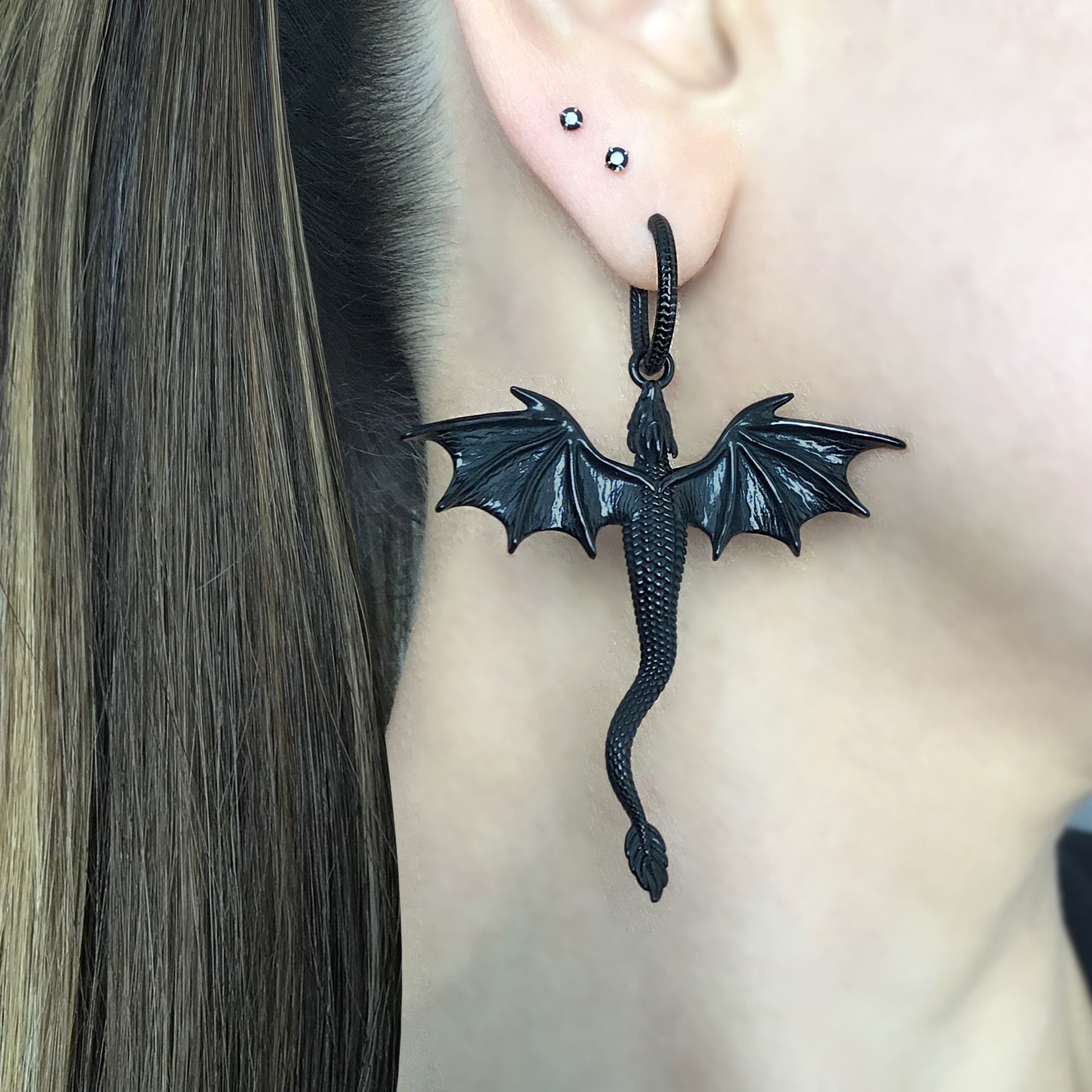 Soaring Dragon hoop earrings in Black