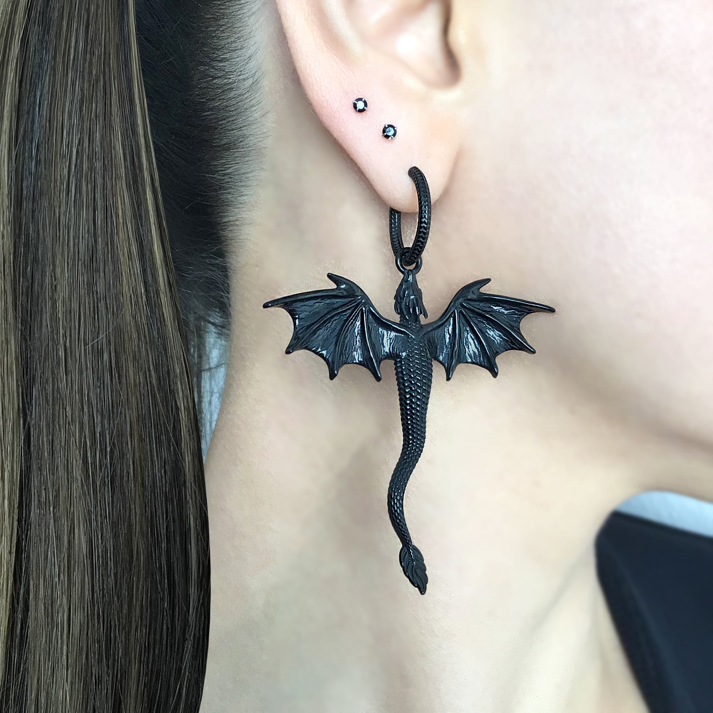 Soaring Dragon hoop earrings in Black