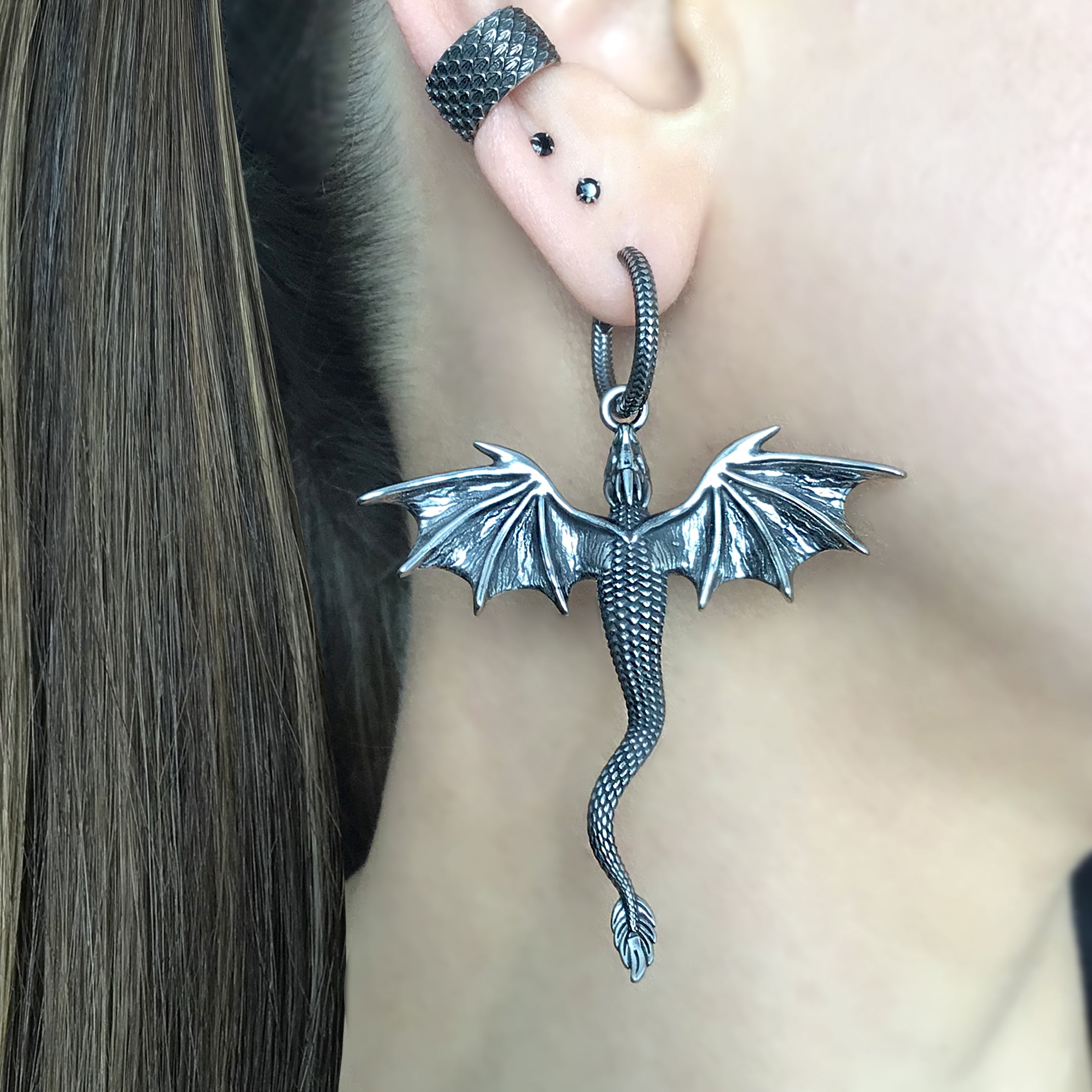 Soaring Dragon hoop earrings in Silver