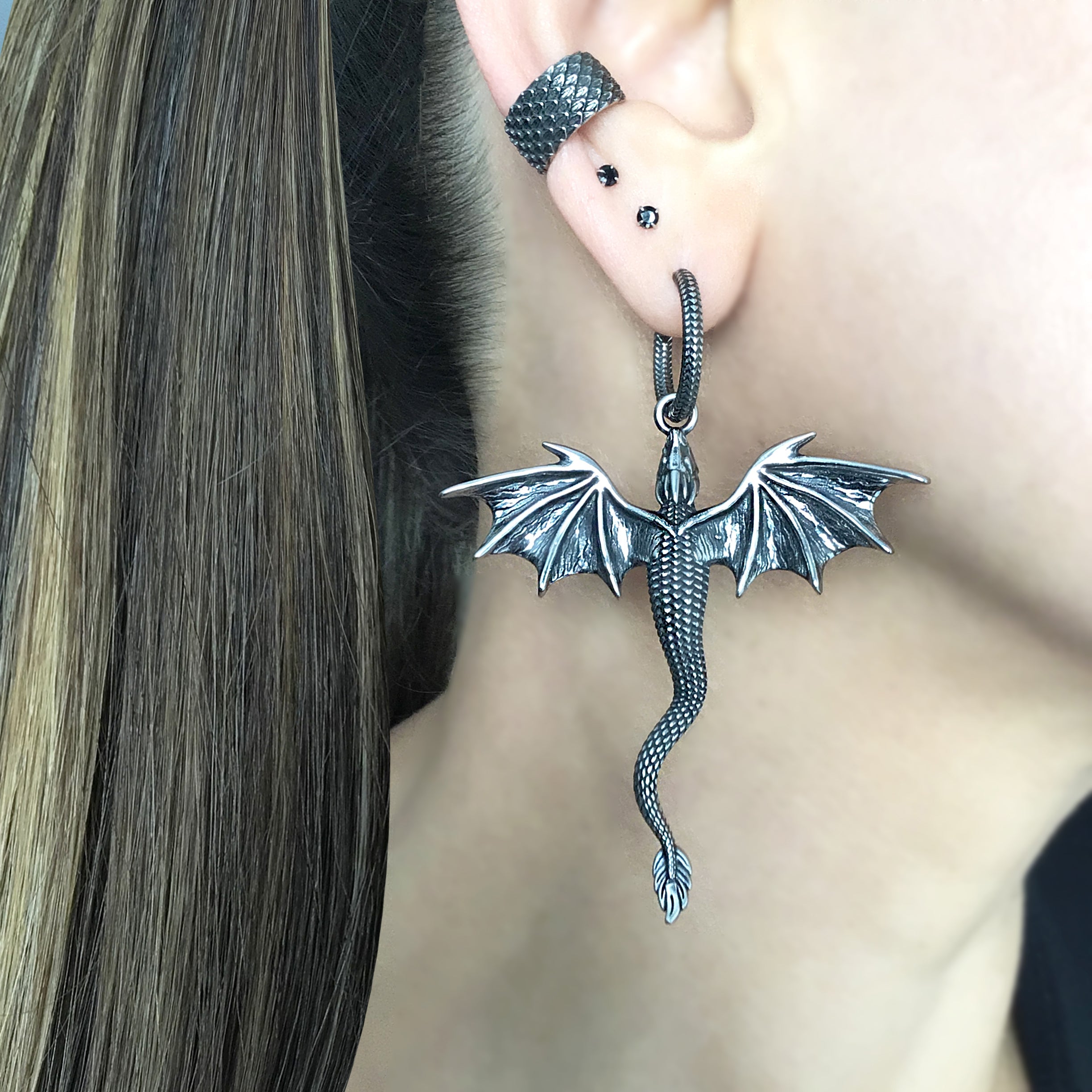 Soaring Dragon hoop earrings in Silver