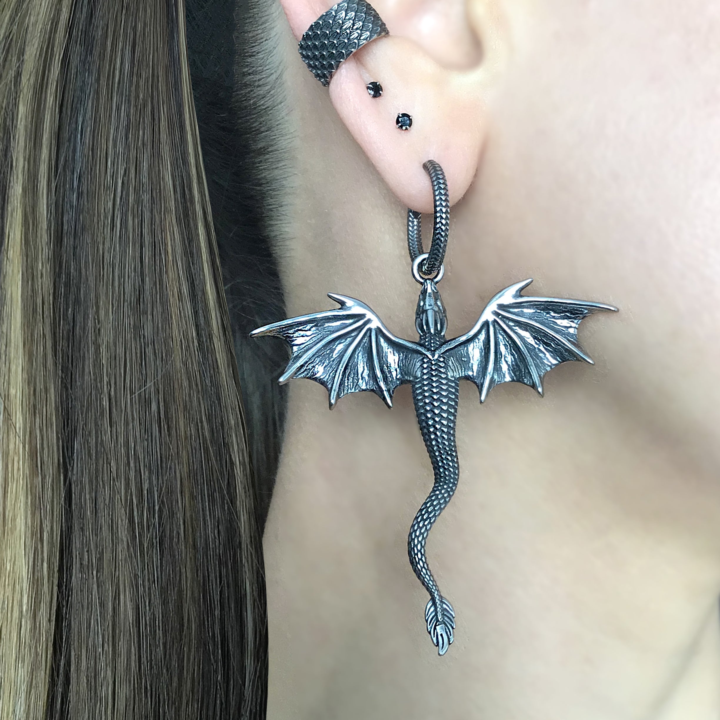 Soaring Dragon hoop earrings in Silver