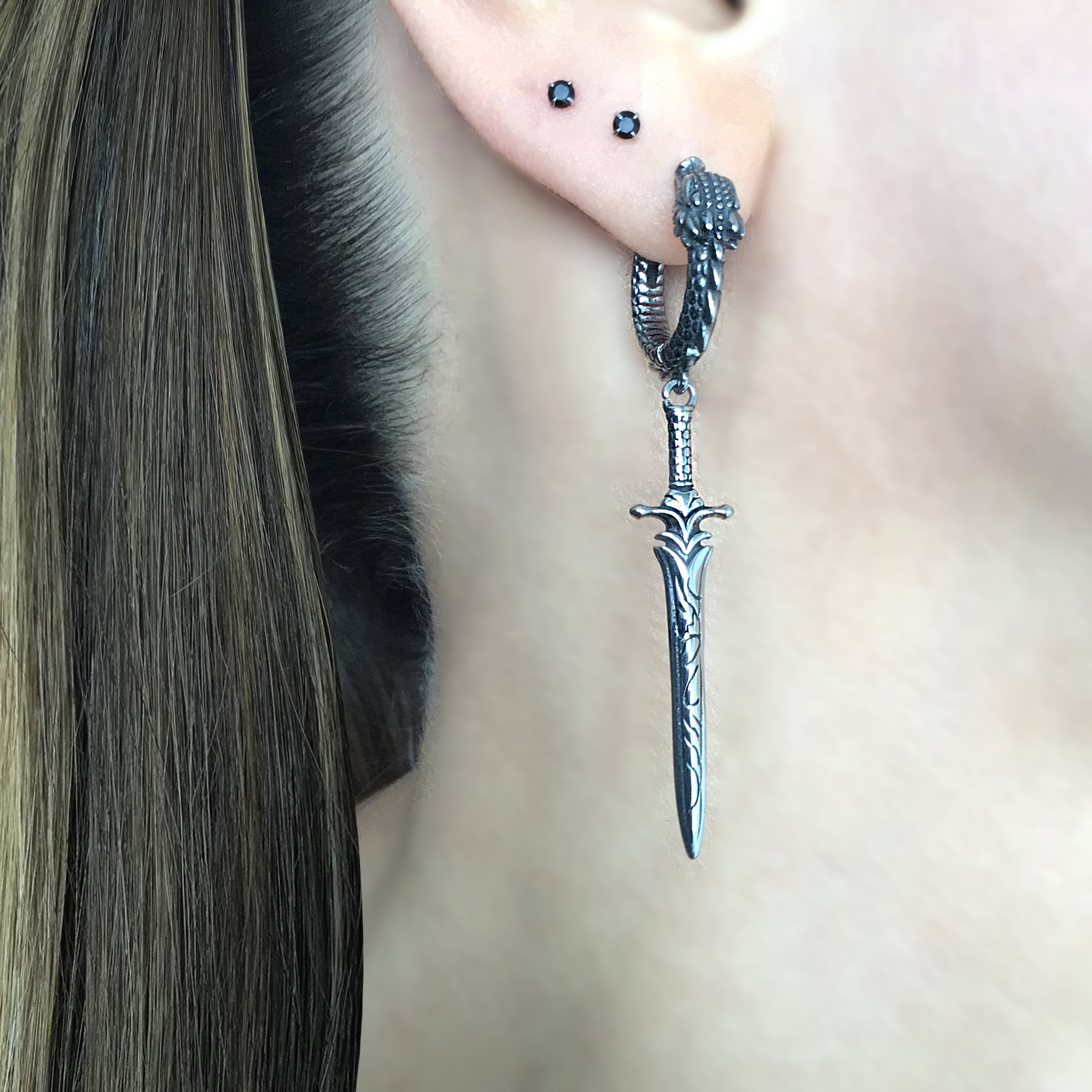 Sword and Dragon hoop earrings in Black