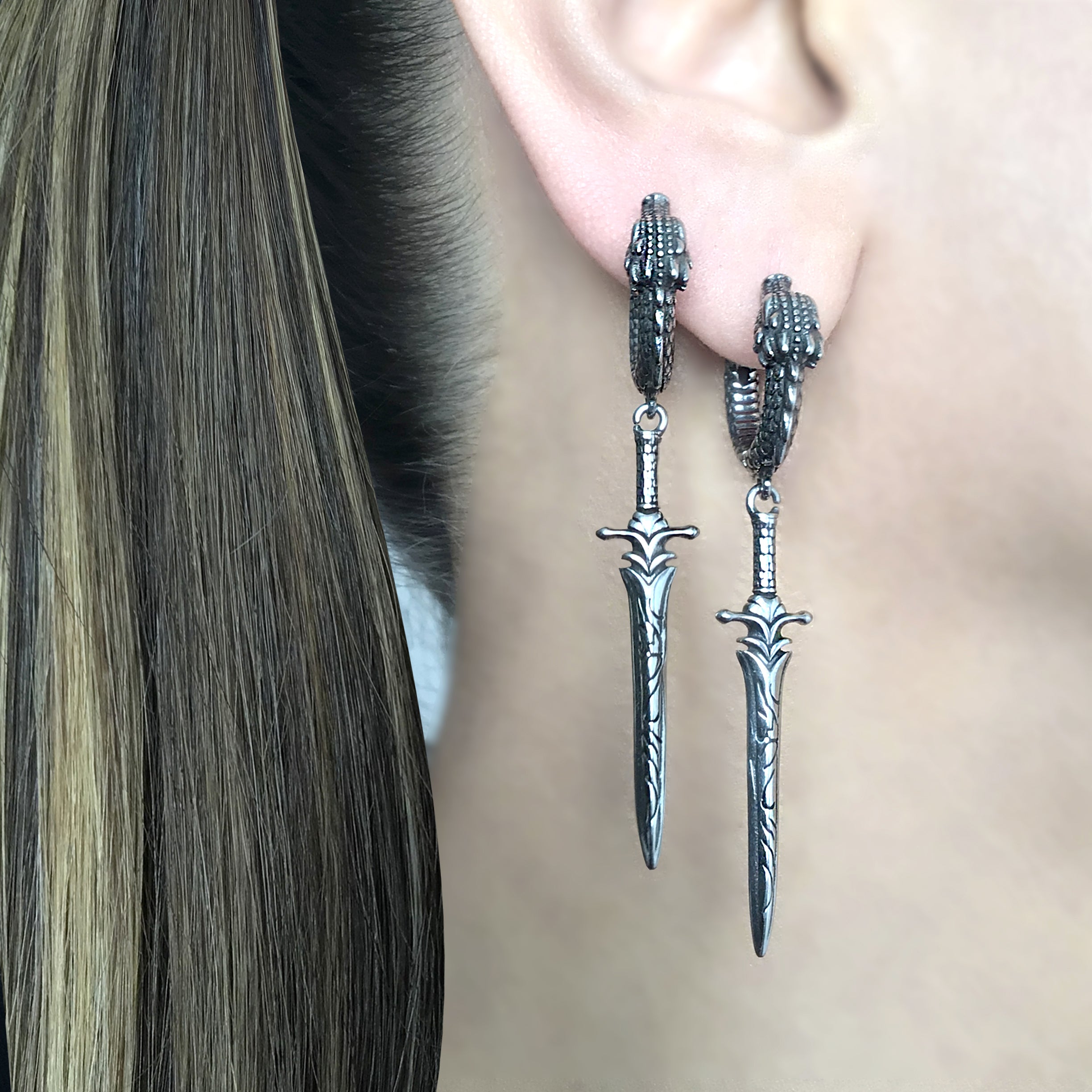 Sword and Dragon hoop earrings in Black