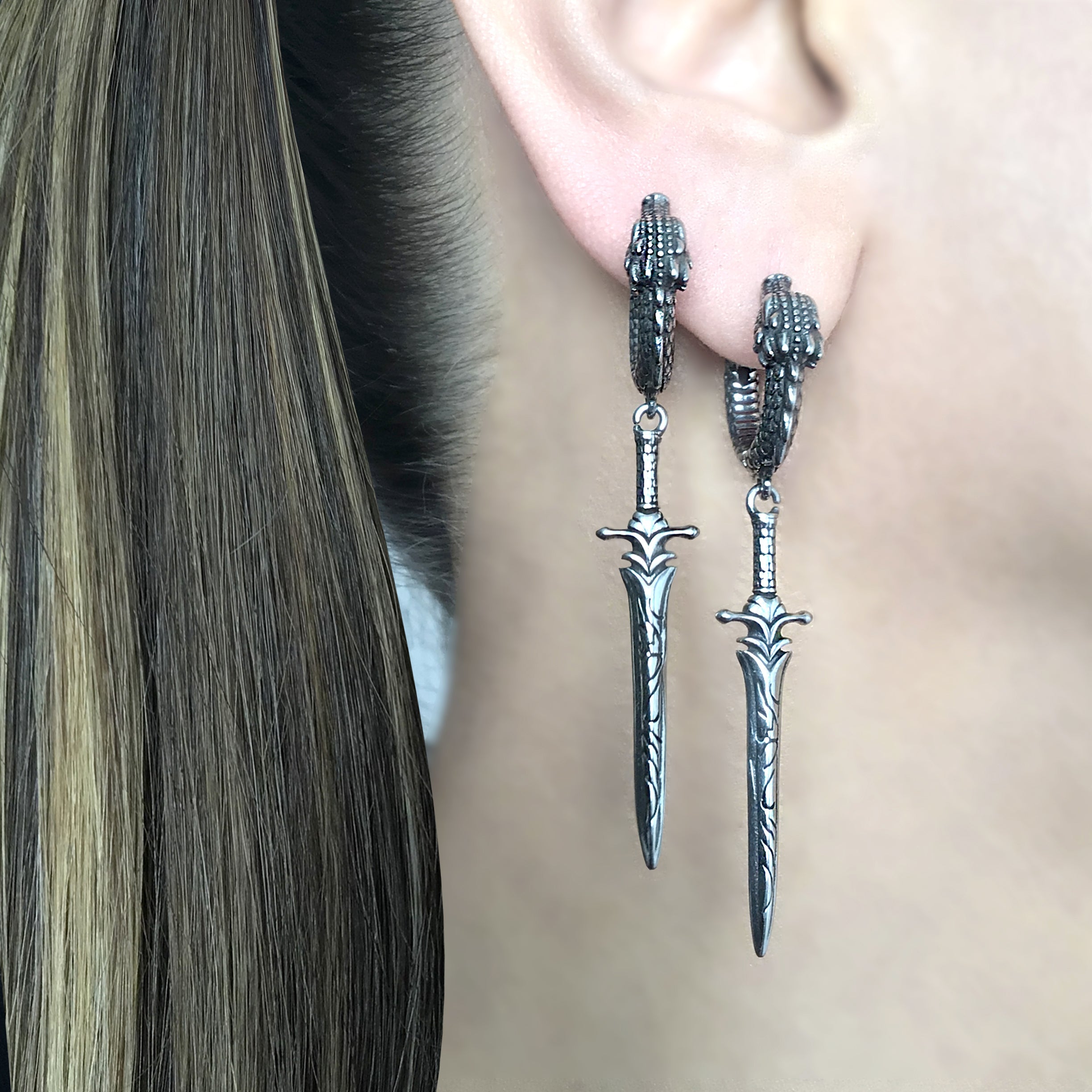 Sword and Dragon hoop earrings in Silver