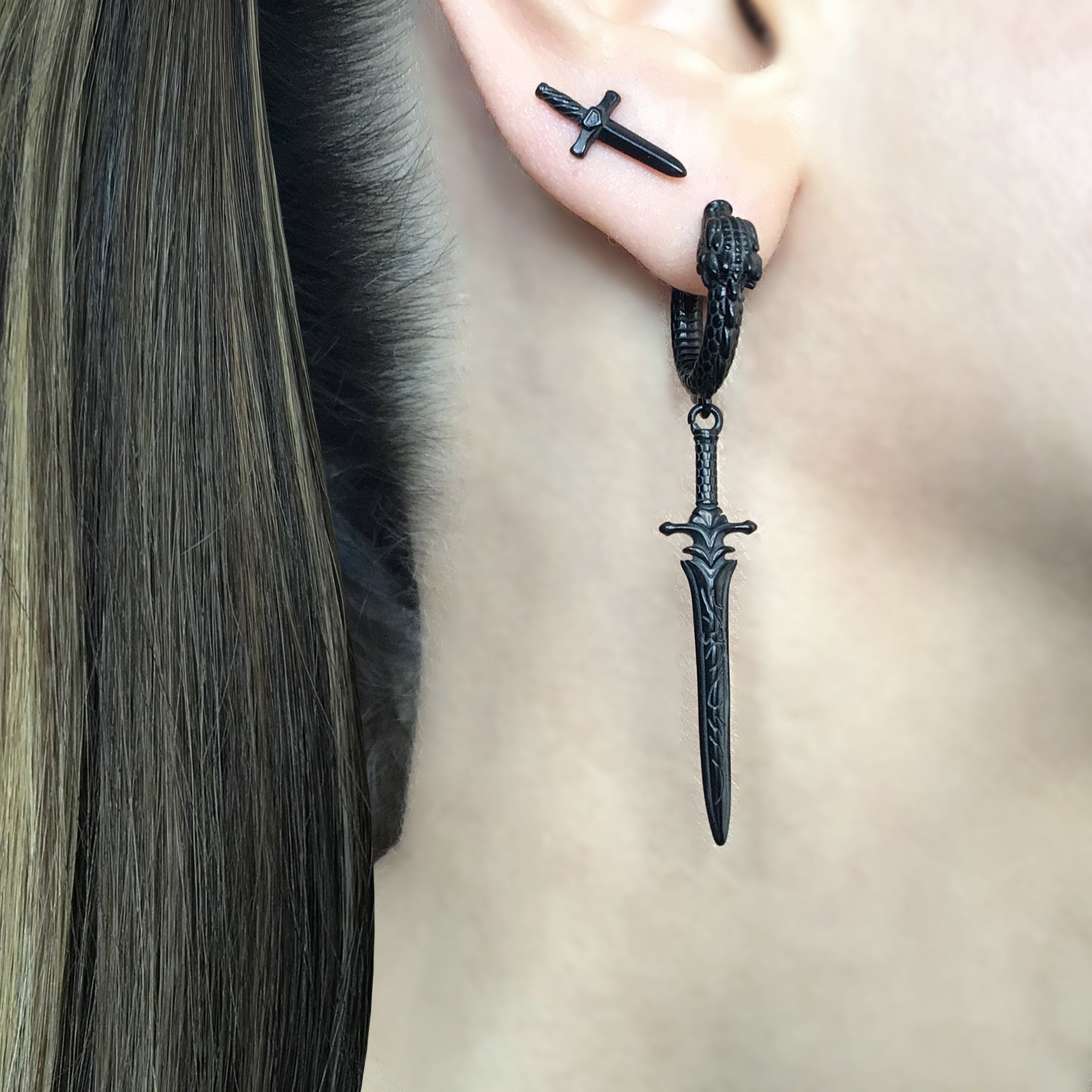 Sword and Dragon hoop earrings in Black