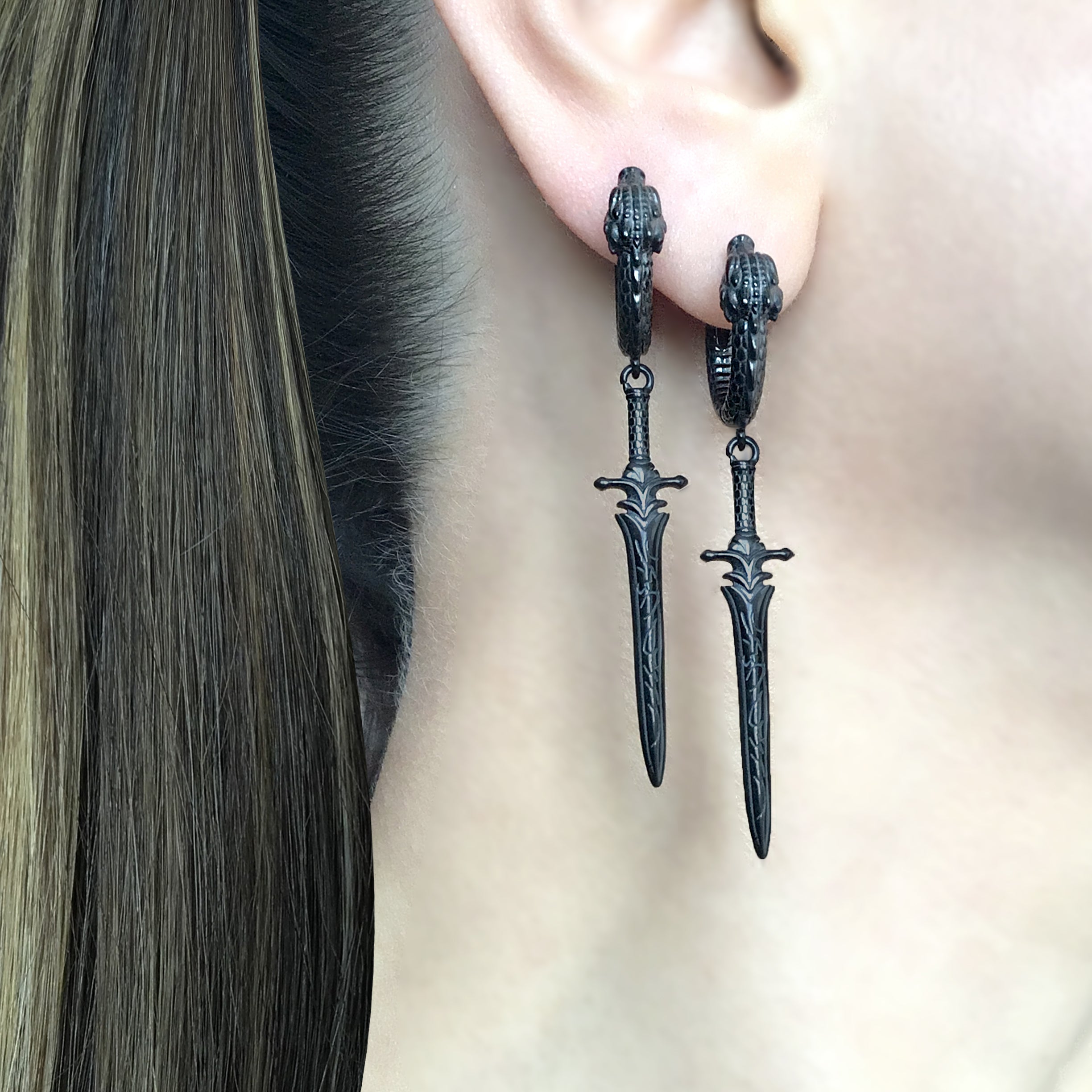 Sword and Dragon hoop earrings in Black