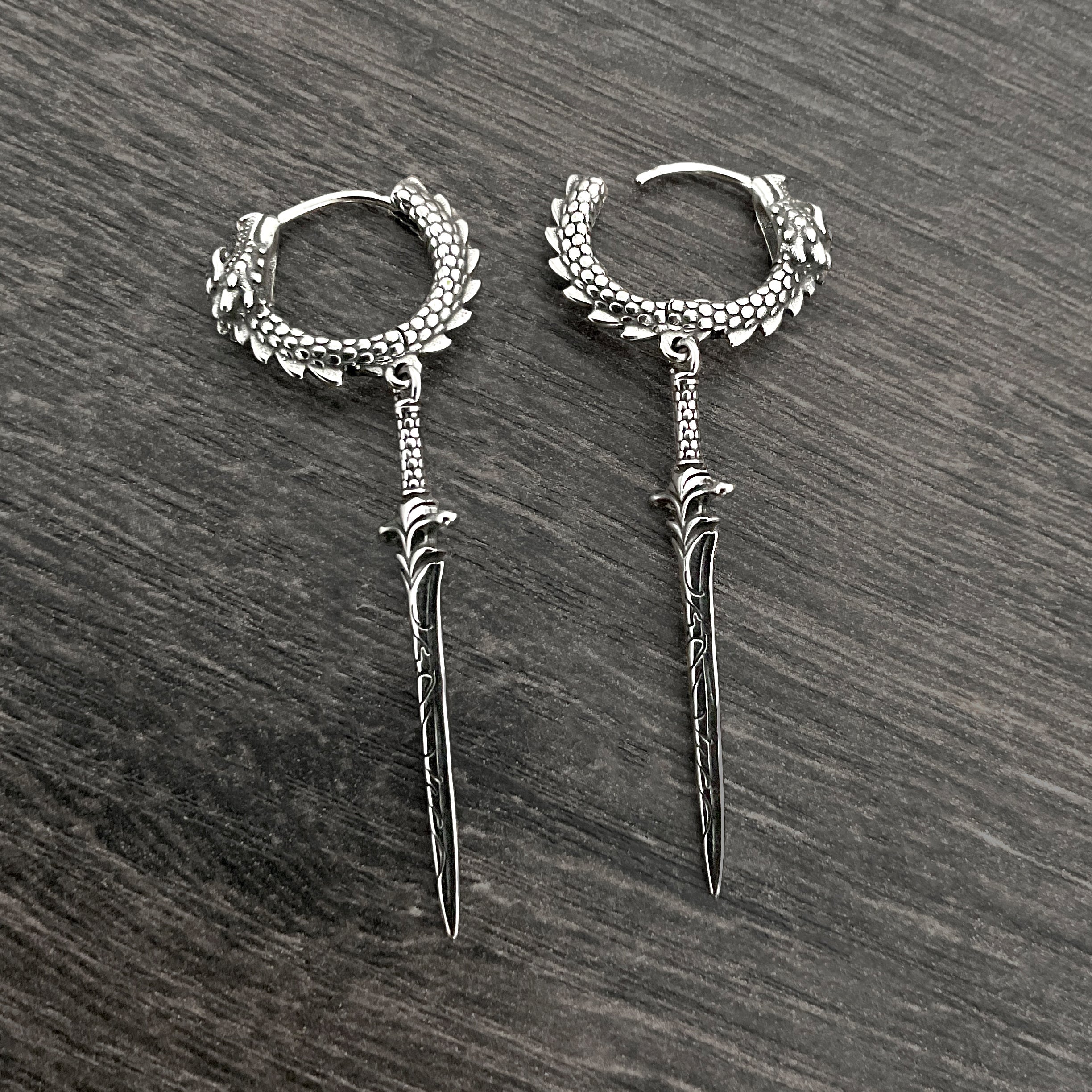 Sword and Dragon hoop earrings in Silver