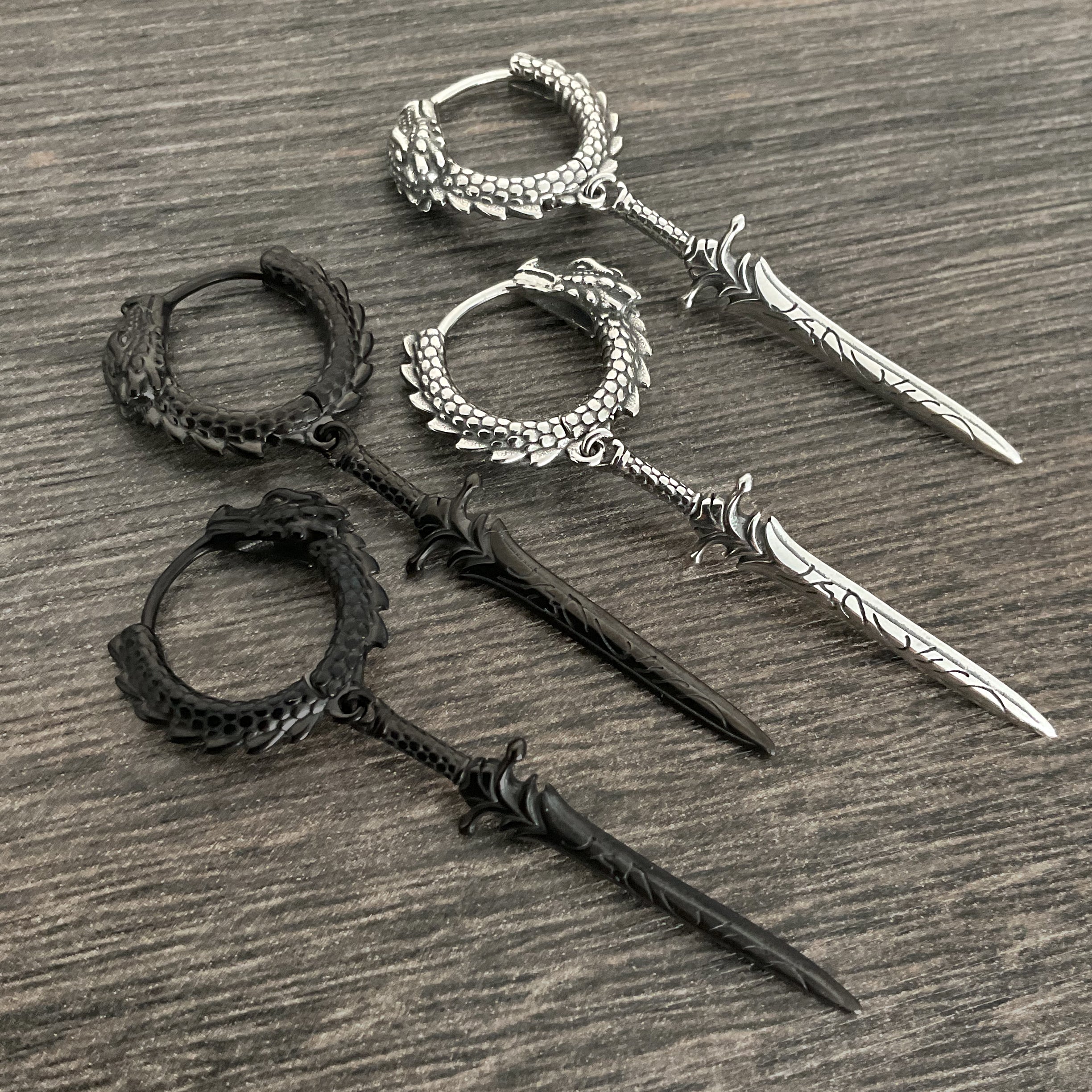 Sword and Dragon hoop earrings in Black