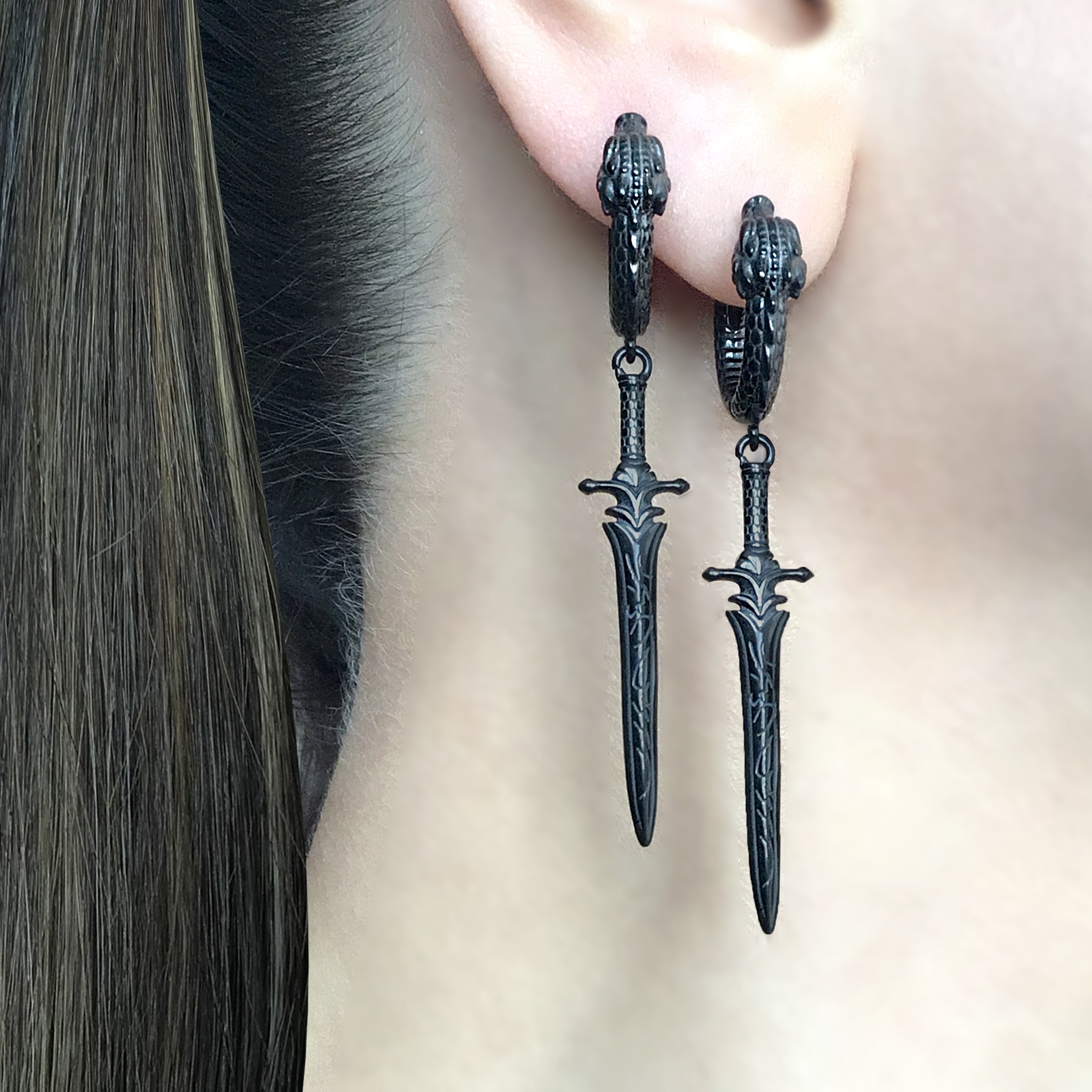 Sword and Dragon hoop earrings in Black