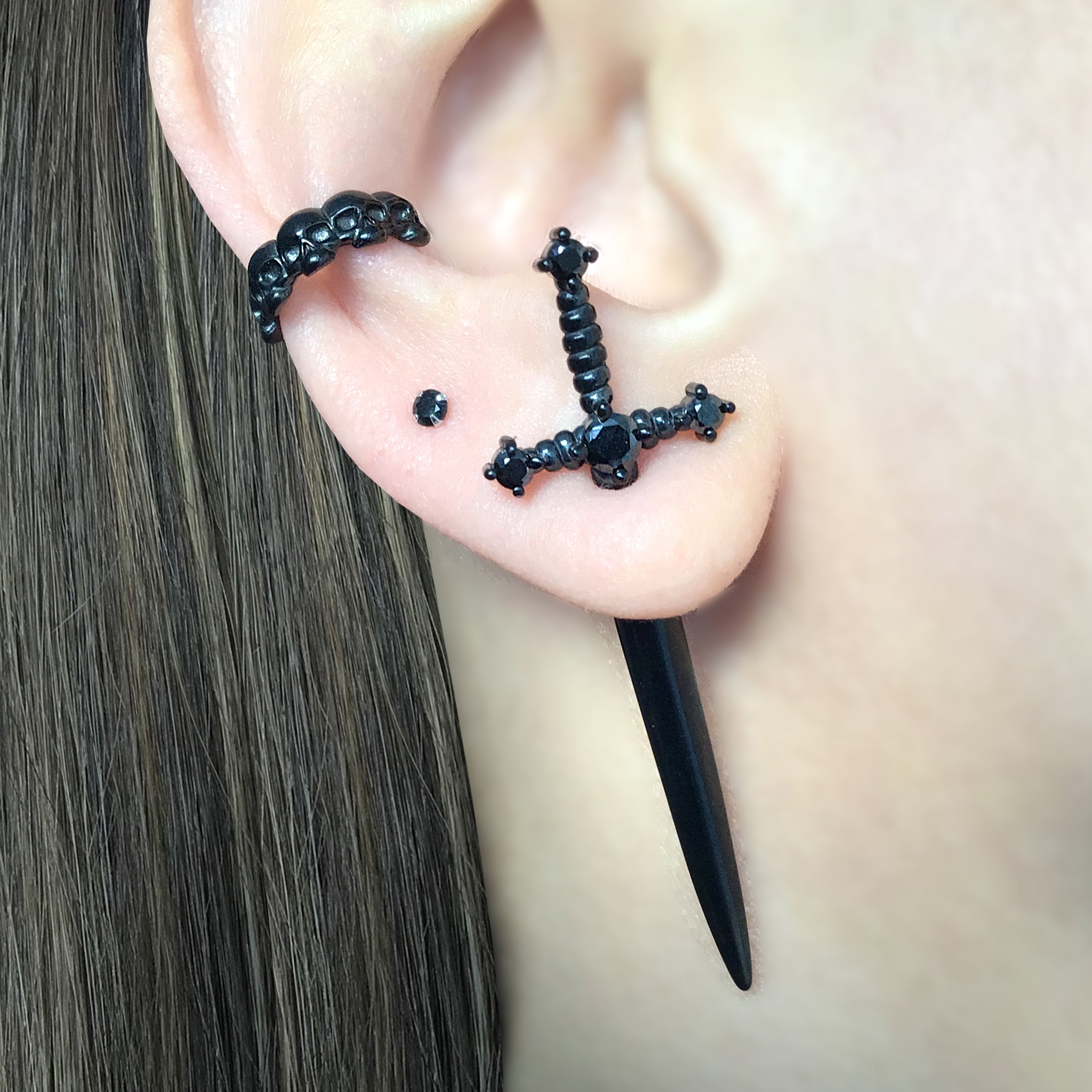 Kali black sword ear jacket with Black CZ stones