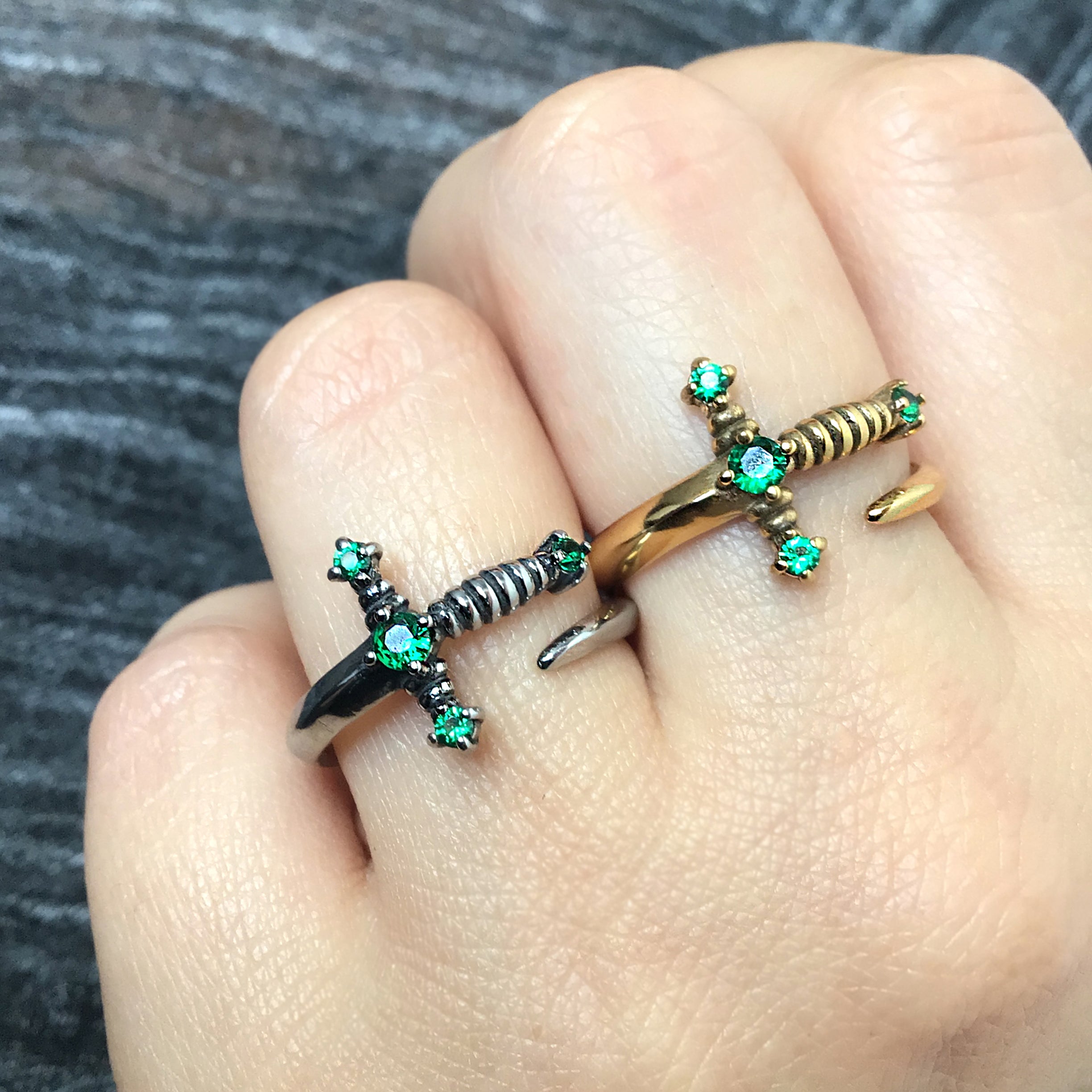 Kali Sword ring with Emerald green CZ stones