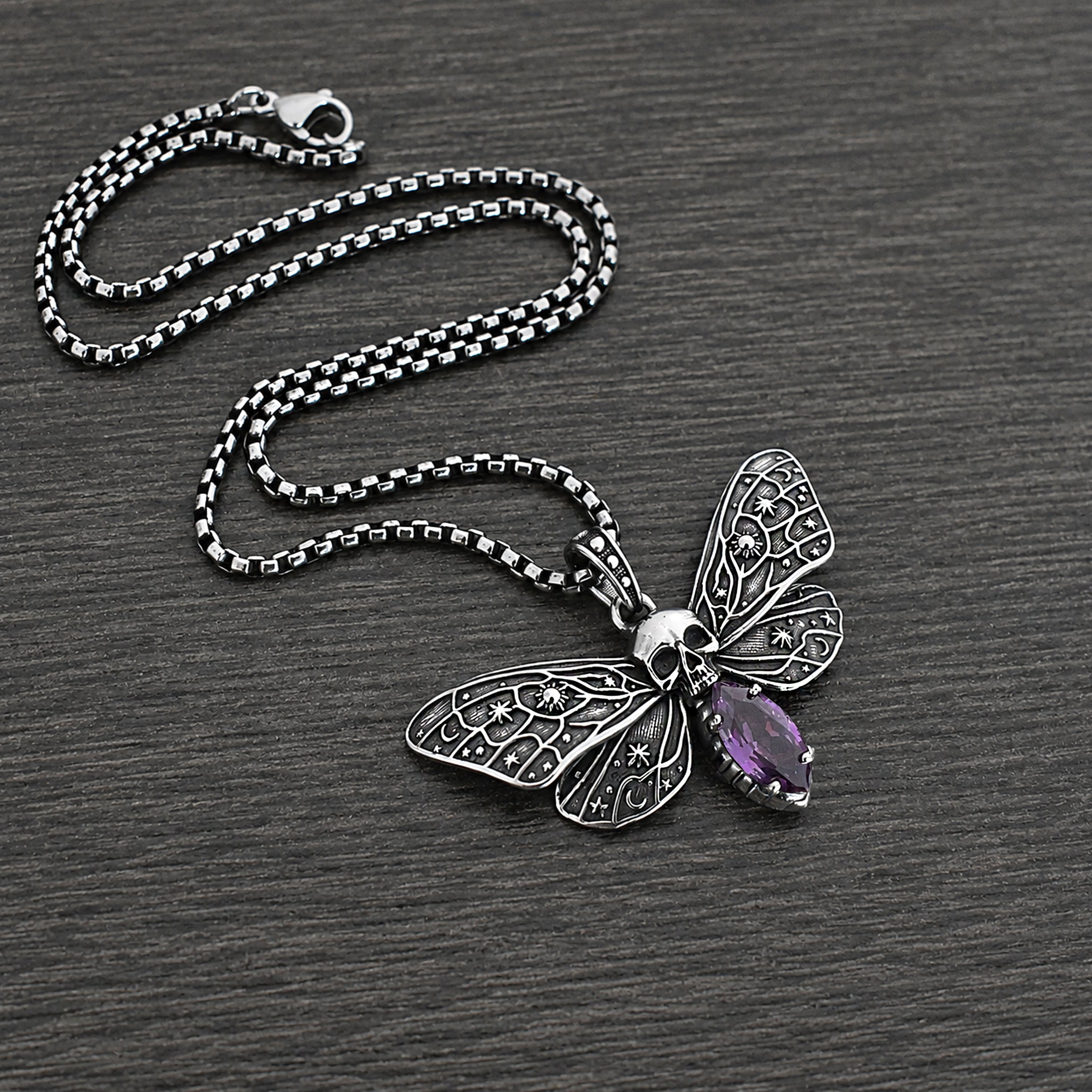 Cosmic Skull Moth Necklace with Purple stone