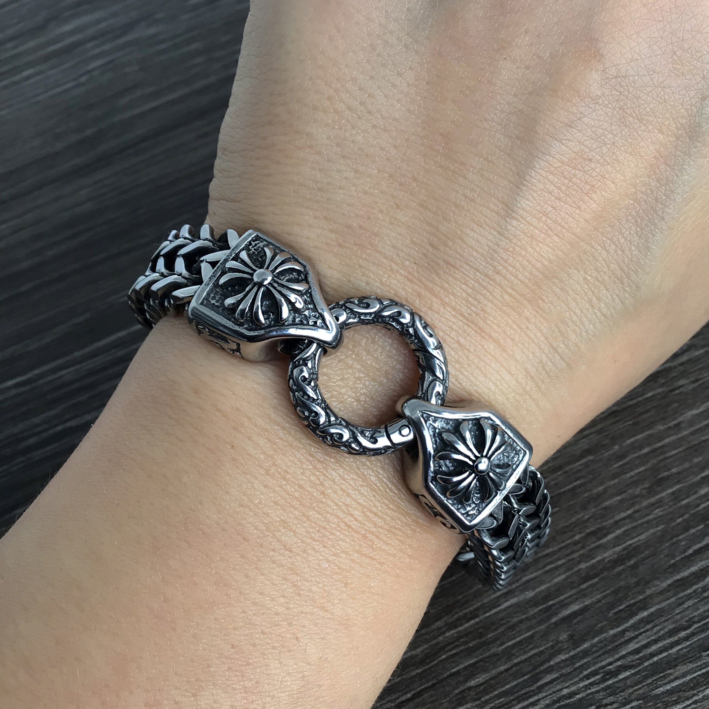 Chunky bracelet with Gothic cross ornament