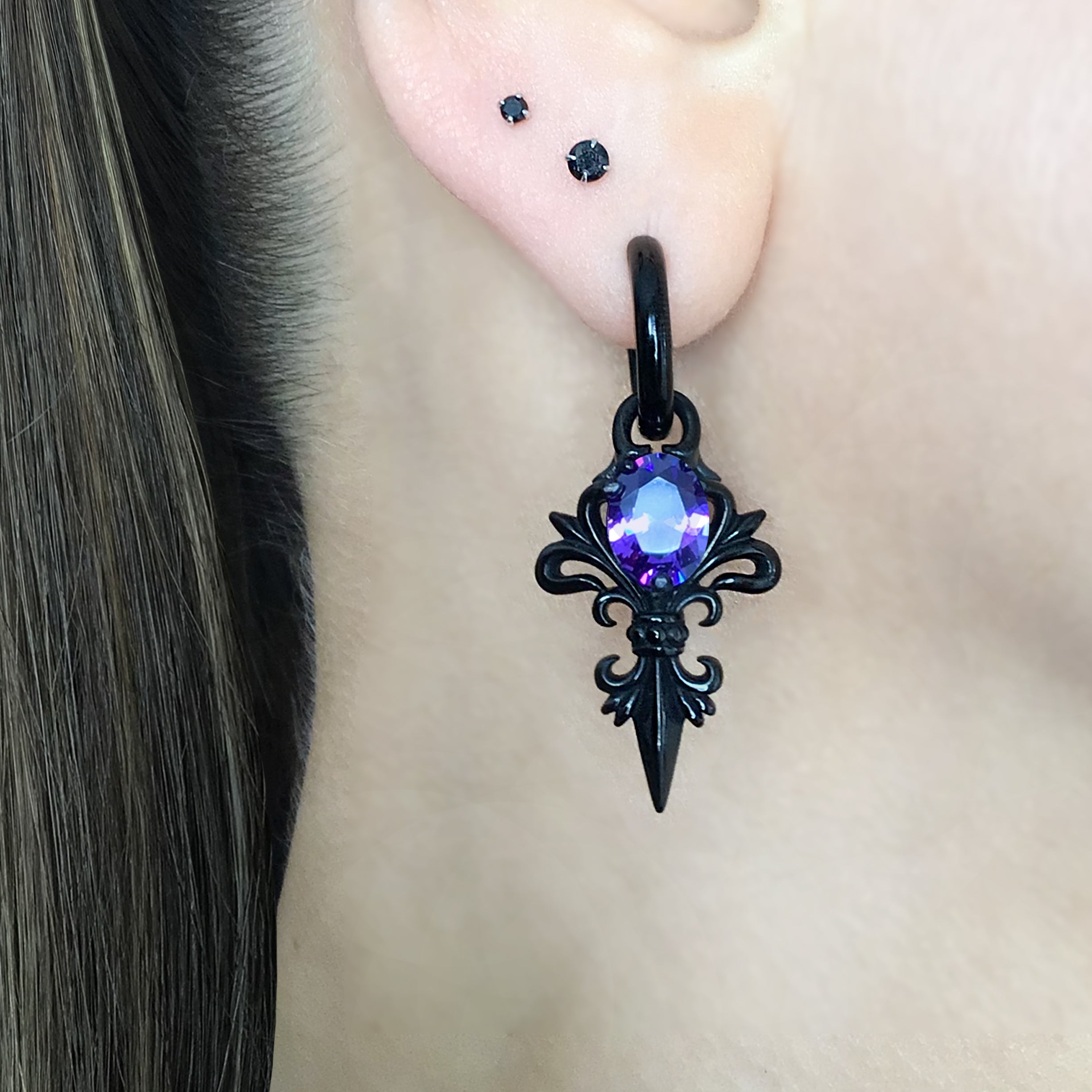 Gothic Fleur De Lis Hoop Earrings with Purple stone