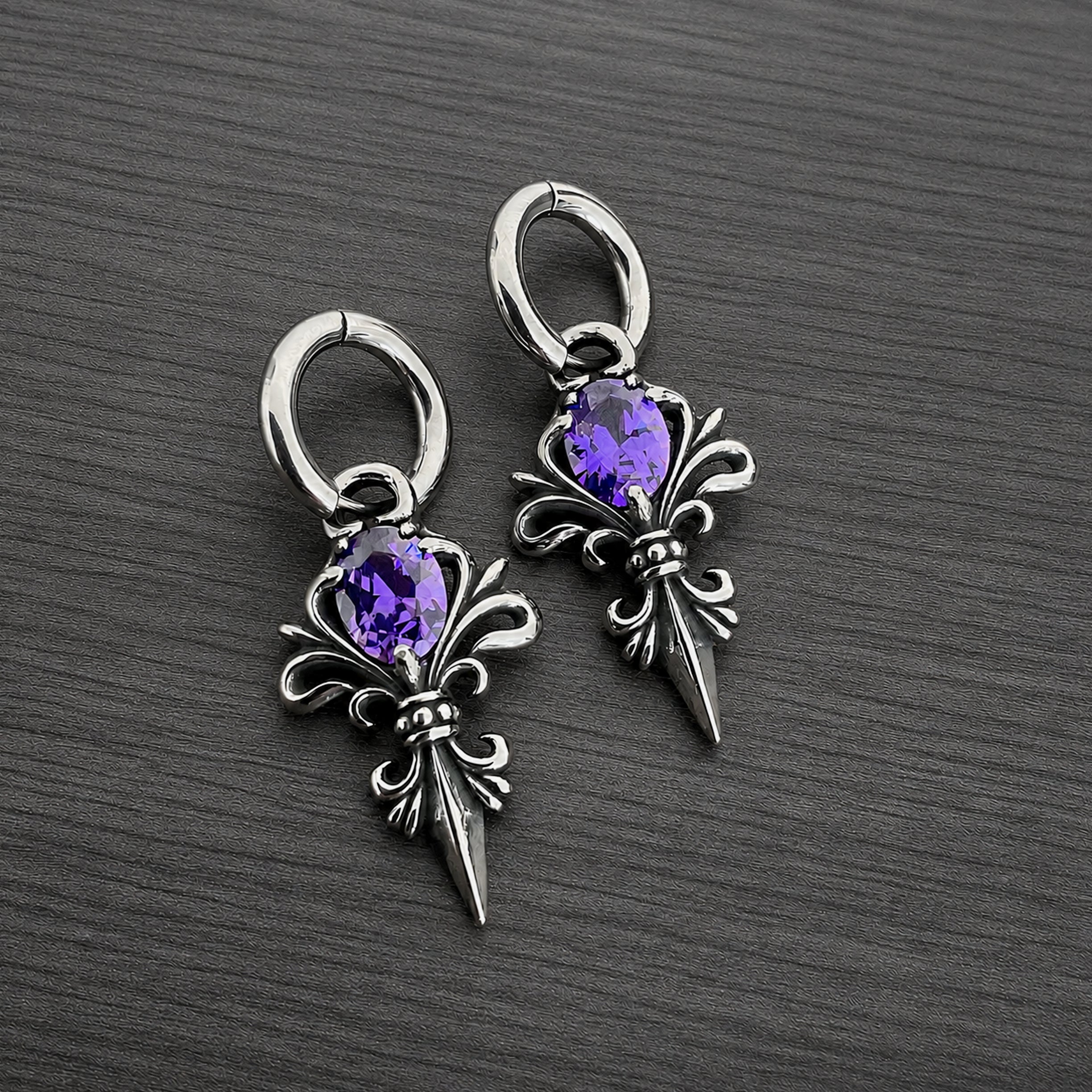 Gothic Fleur De Lis Hoop Earrings with Purple stone