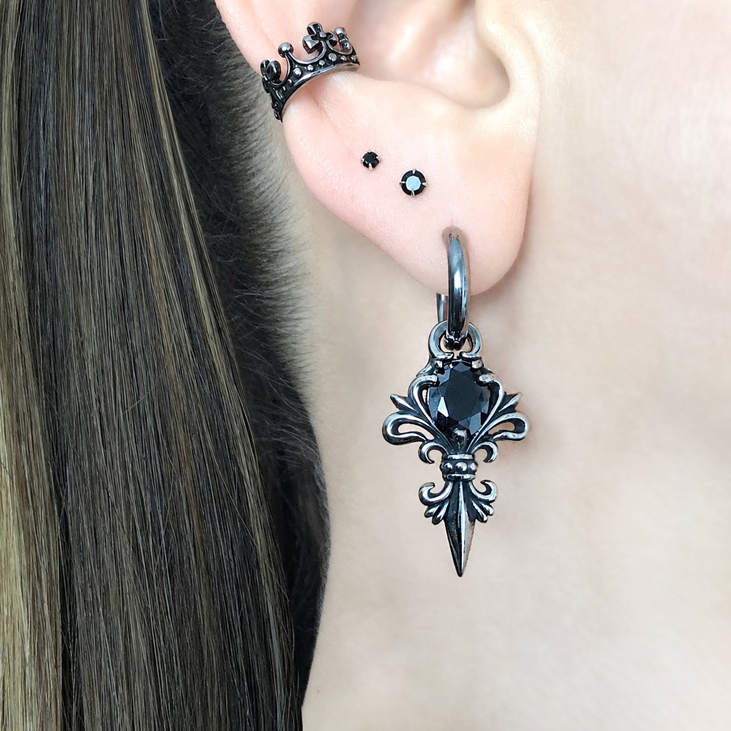 Gothic Fleur De Lis Hoop Earrings with Black stone