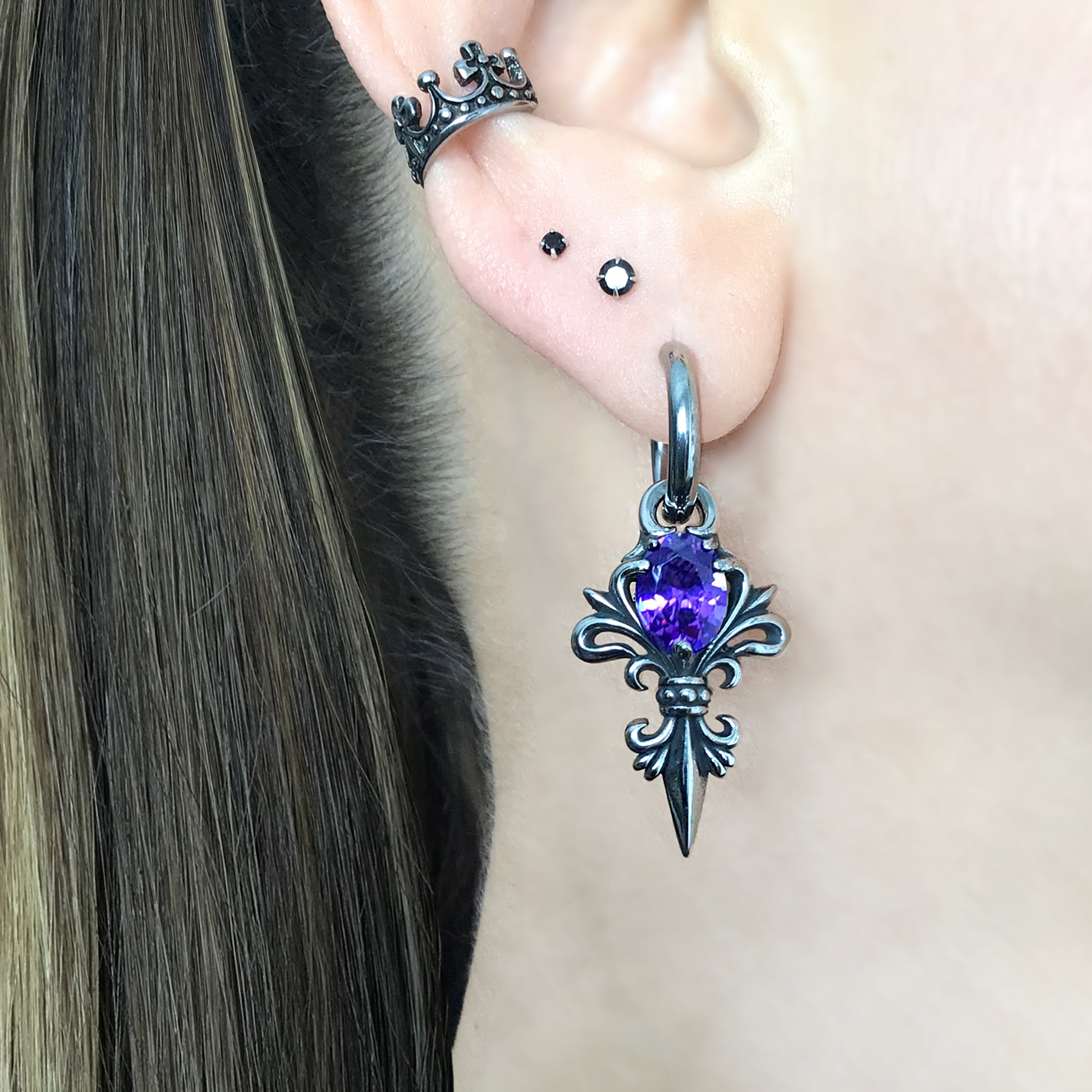 Gothic Fleur De Lis Hoop Earrings with Purple stone