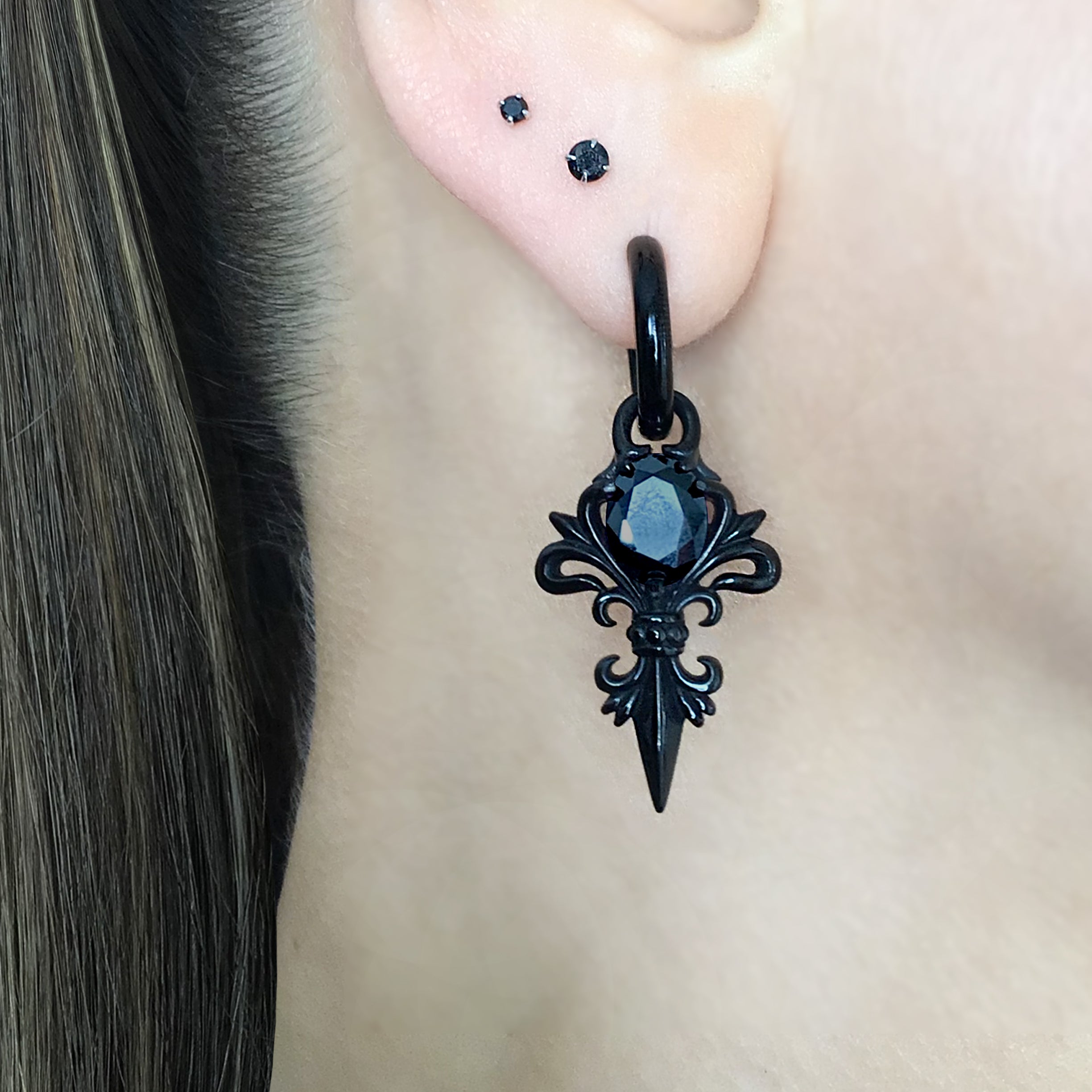 Gothic Fleur De Lis Hoop Earrings with Black stone