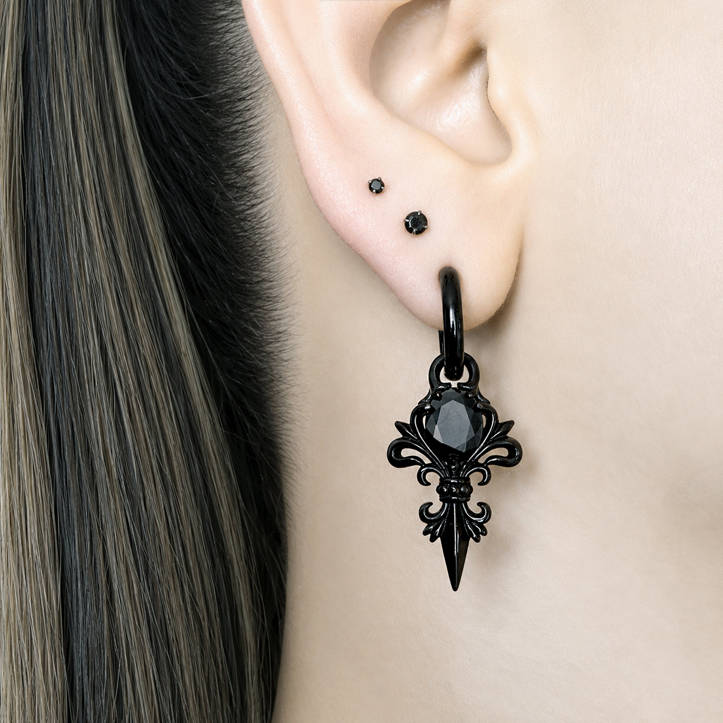 Gothic Fleur De Lis Hoop Earrings with Black stone
