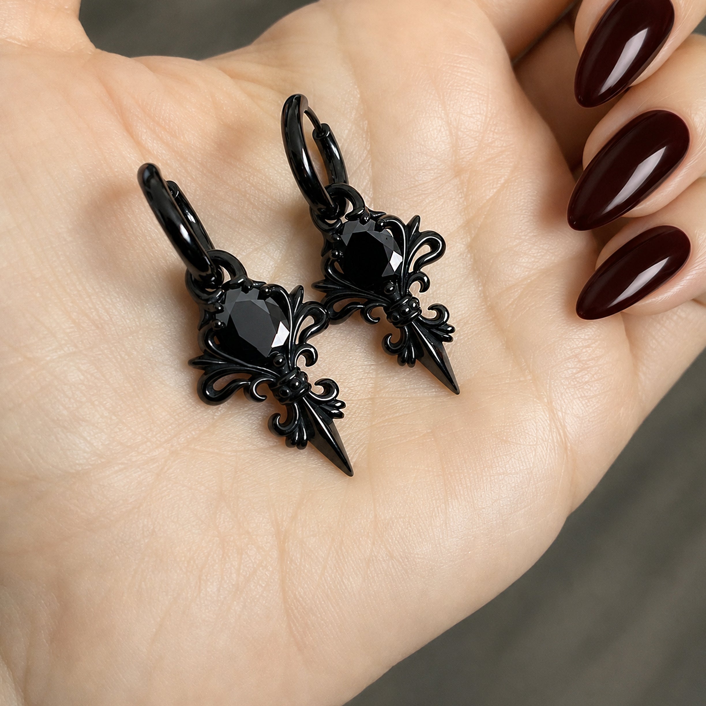 Gothic Fleur De Lis Hoop Earrings with Black stone