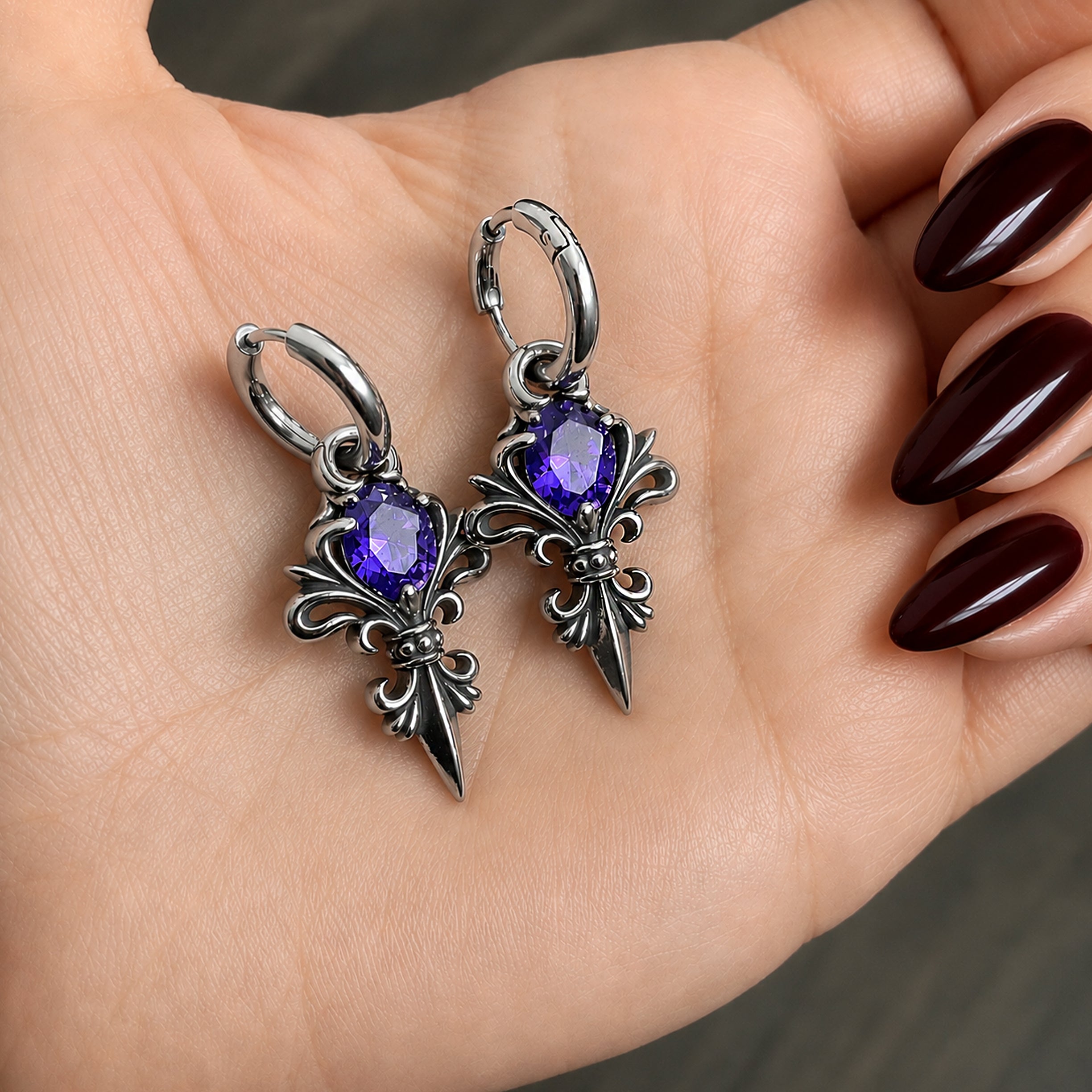 Gothic Fleur De Lis Hoop Earrings with Purple stone