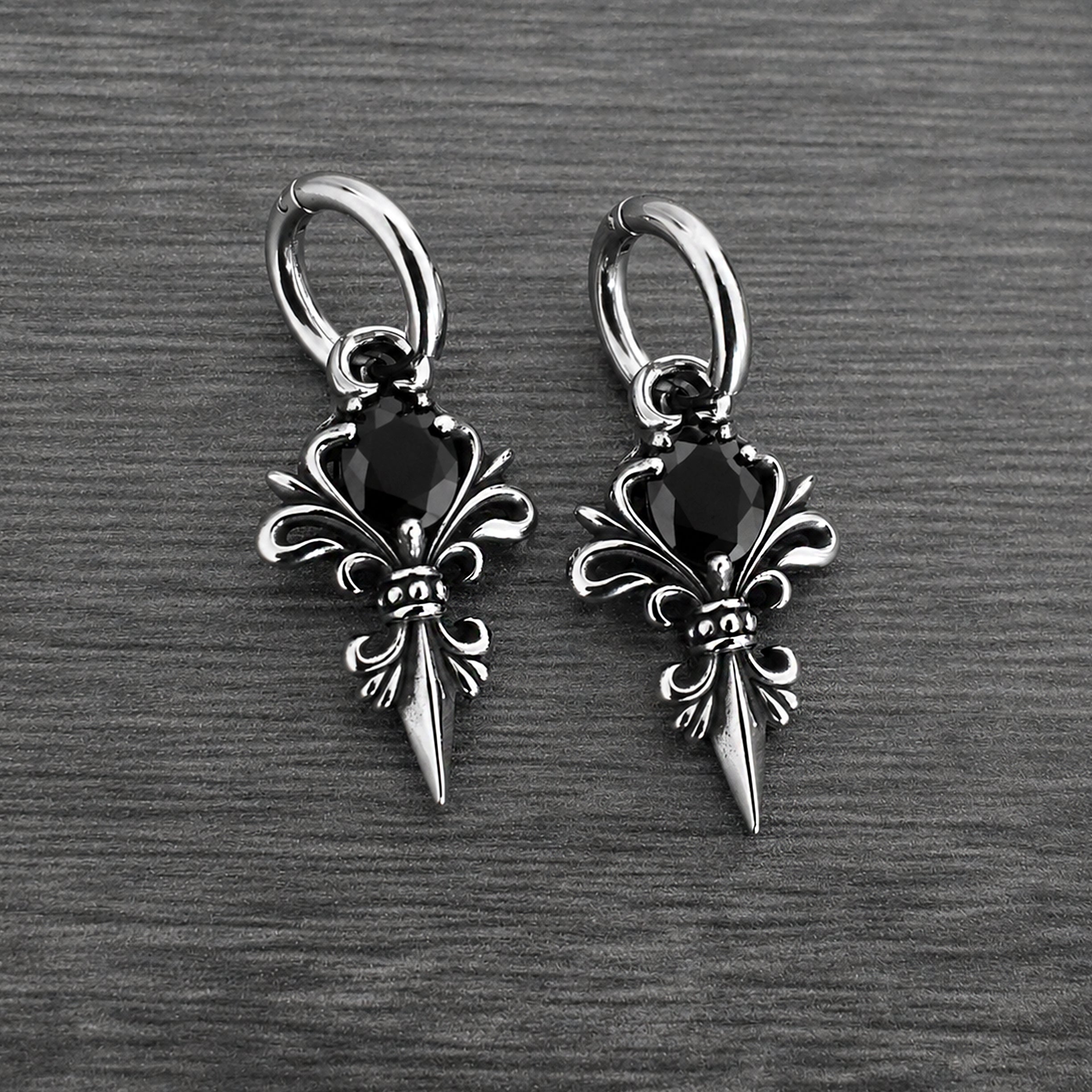 Gothic Fleur De Lis Hoop Earrings with Black stone