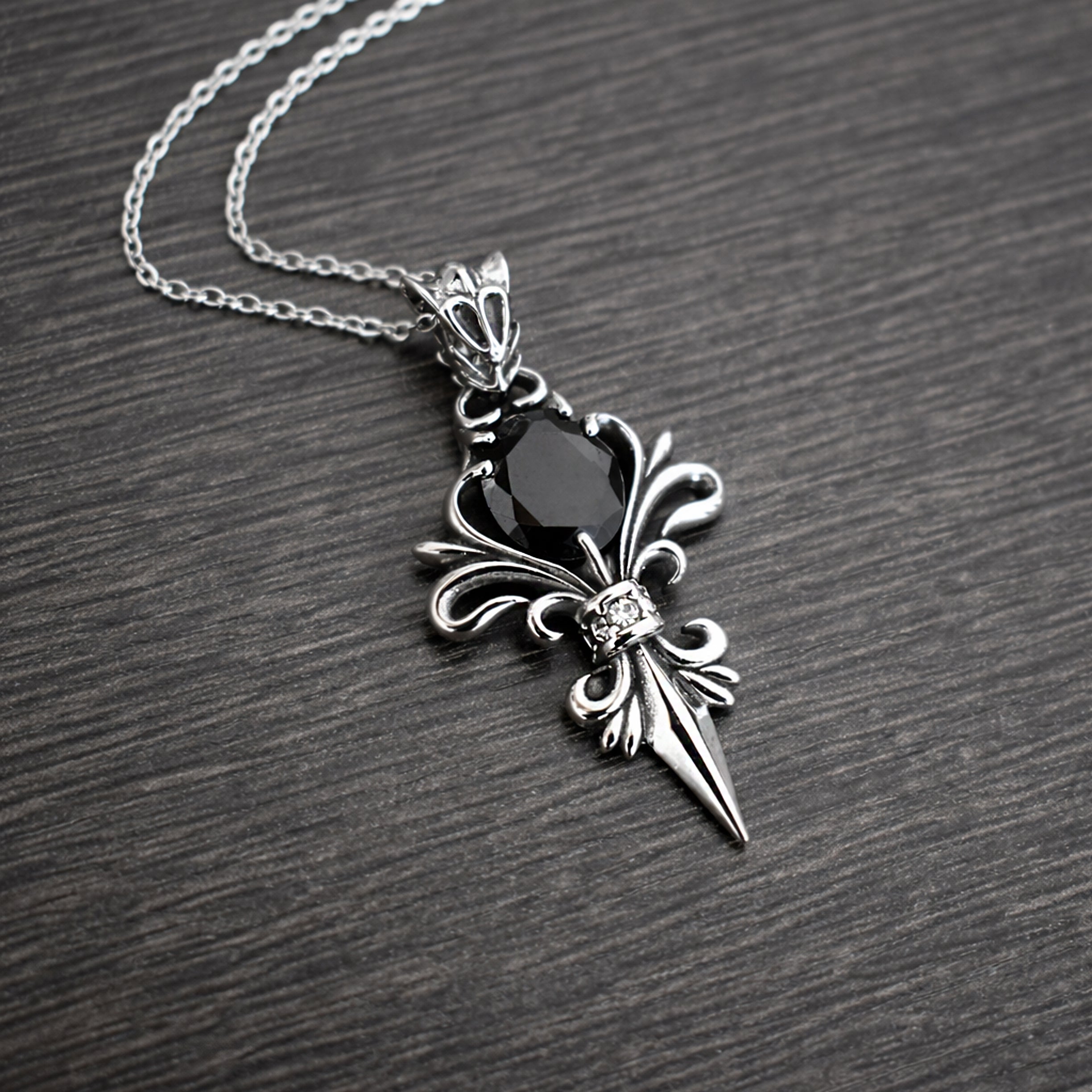 Gothic Fleur-de-Lis Necklace with Black stone