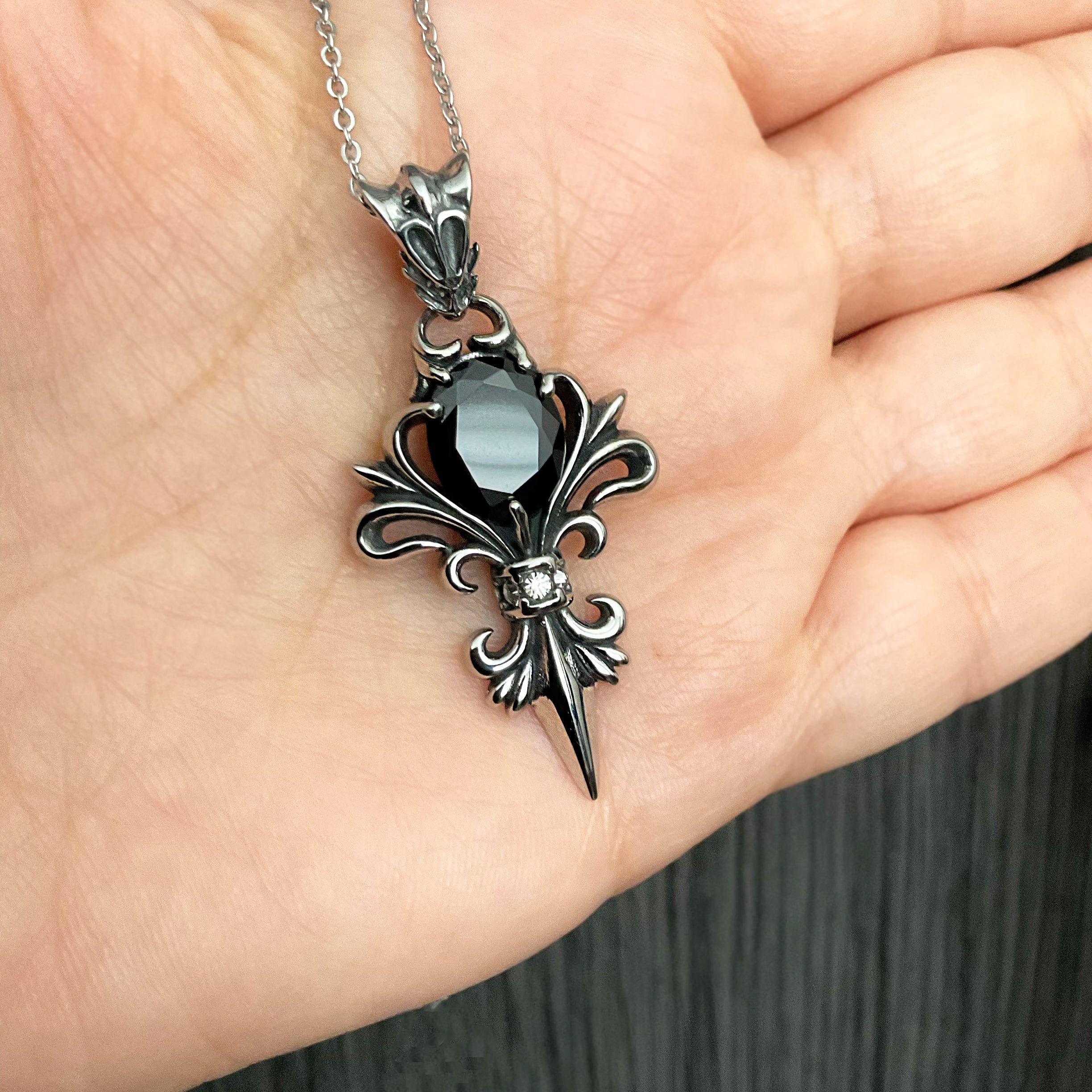 Gothic Fleur-de-Lis Necklace with Black stone