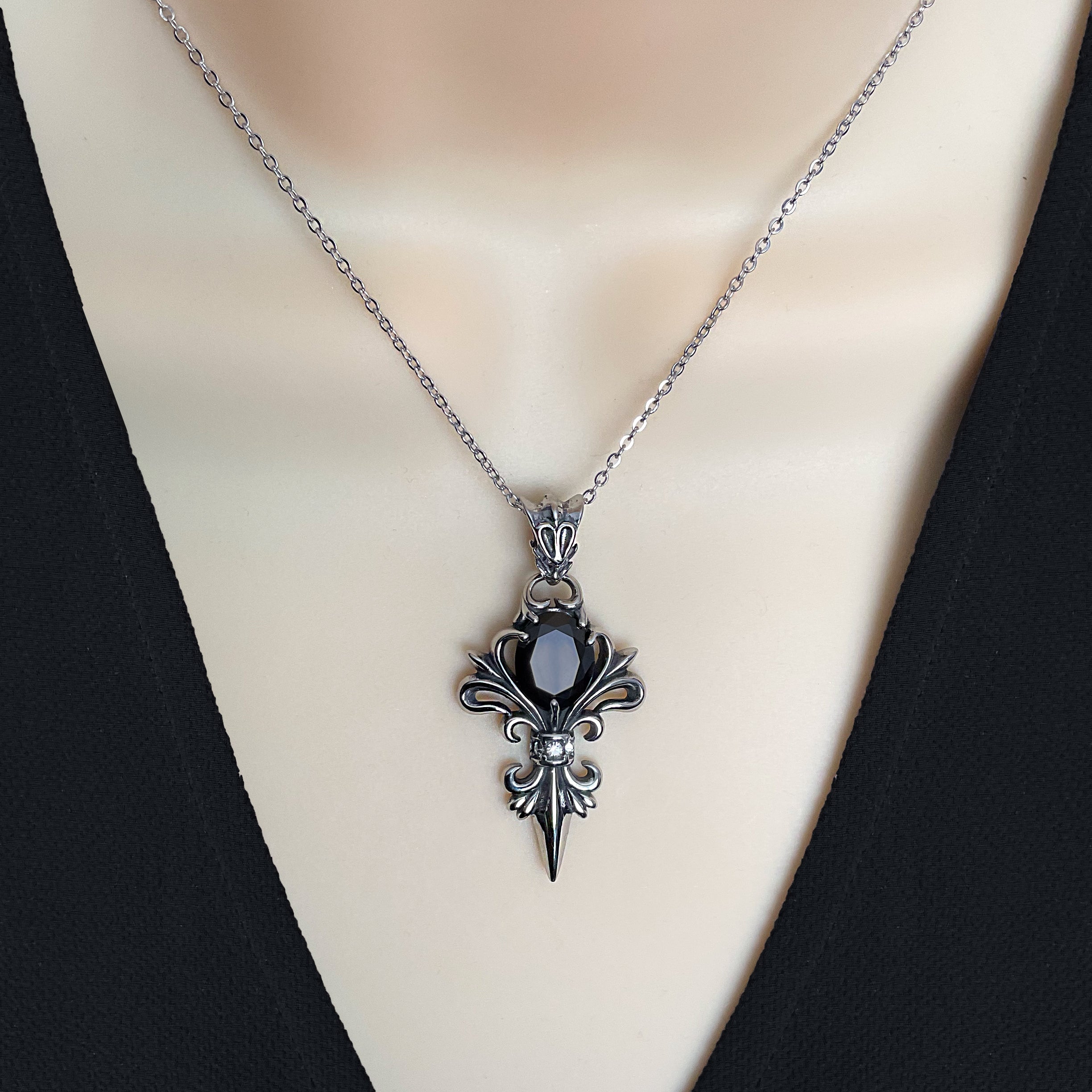 Gothic Fleur-de-Lis Necklace with Black stone