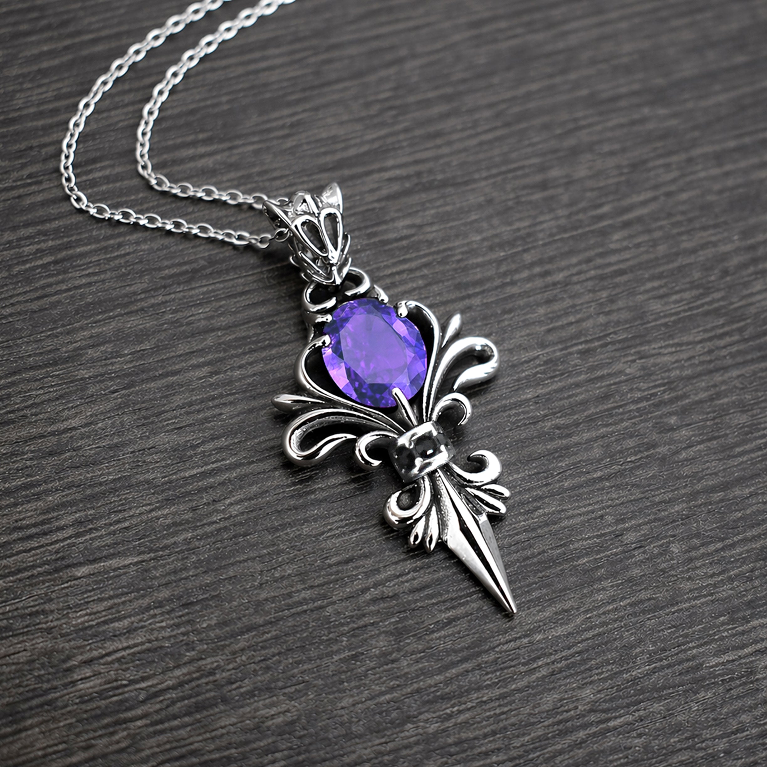 Gothic Fleur-de-Lis Necklace with Purple stone