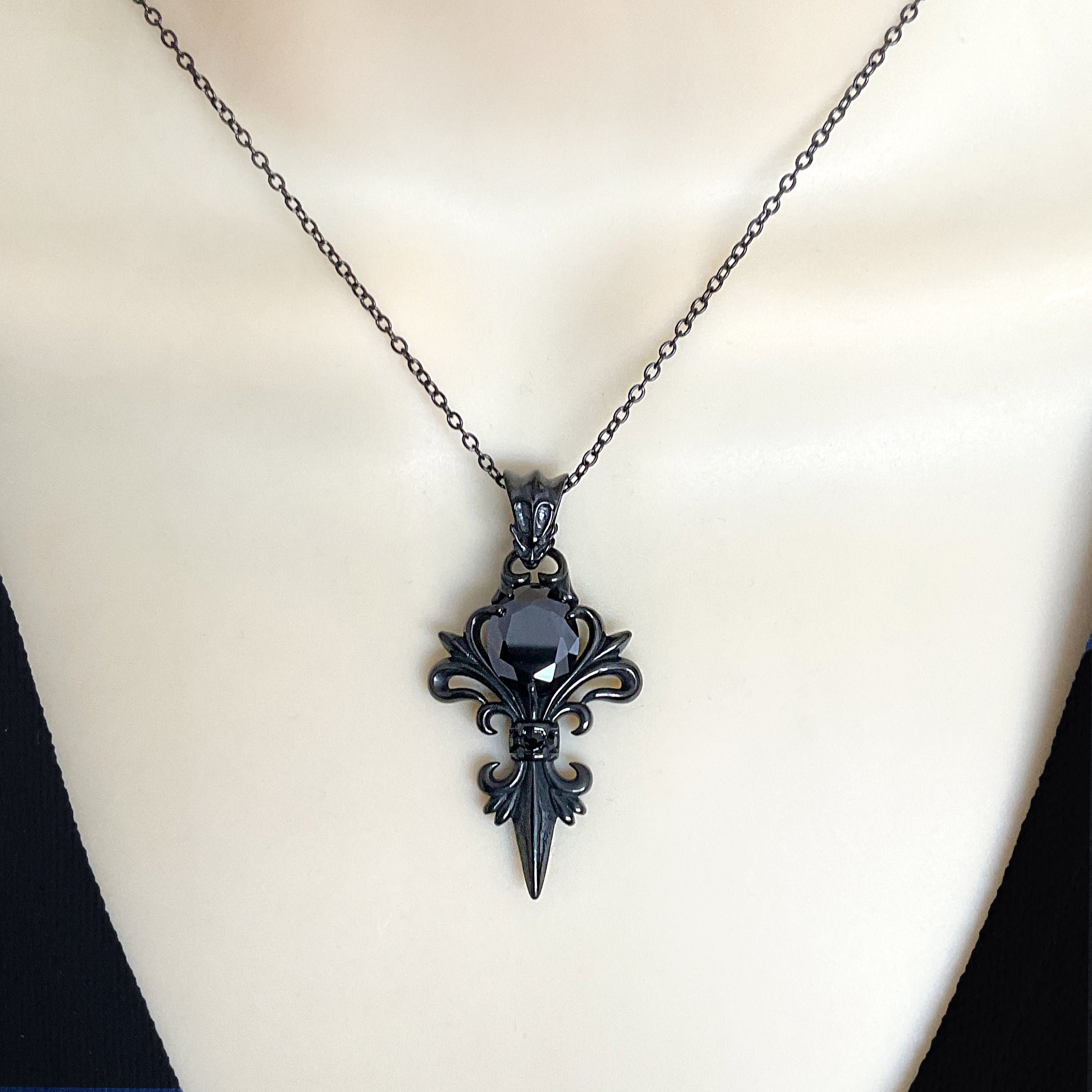 Gothic Fleur-de-Lis Necklace with Black stone