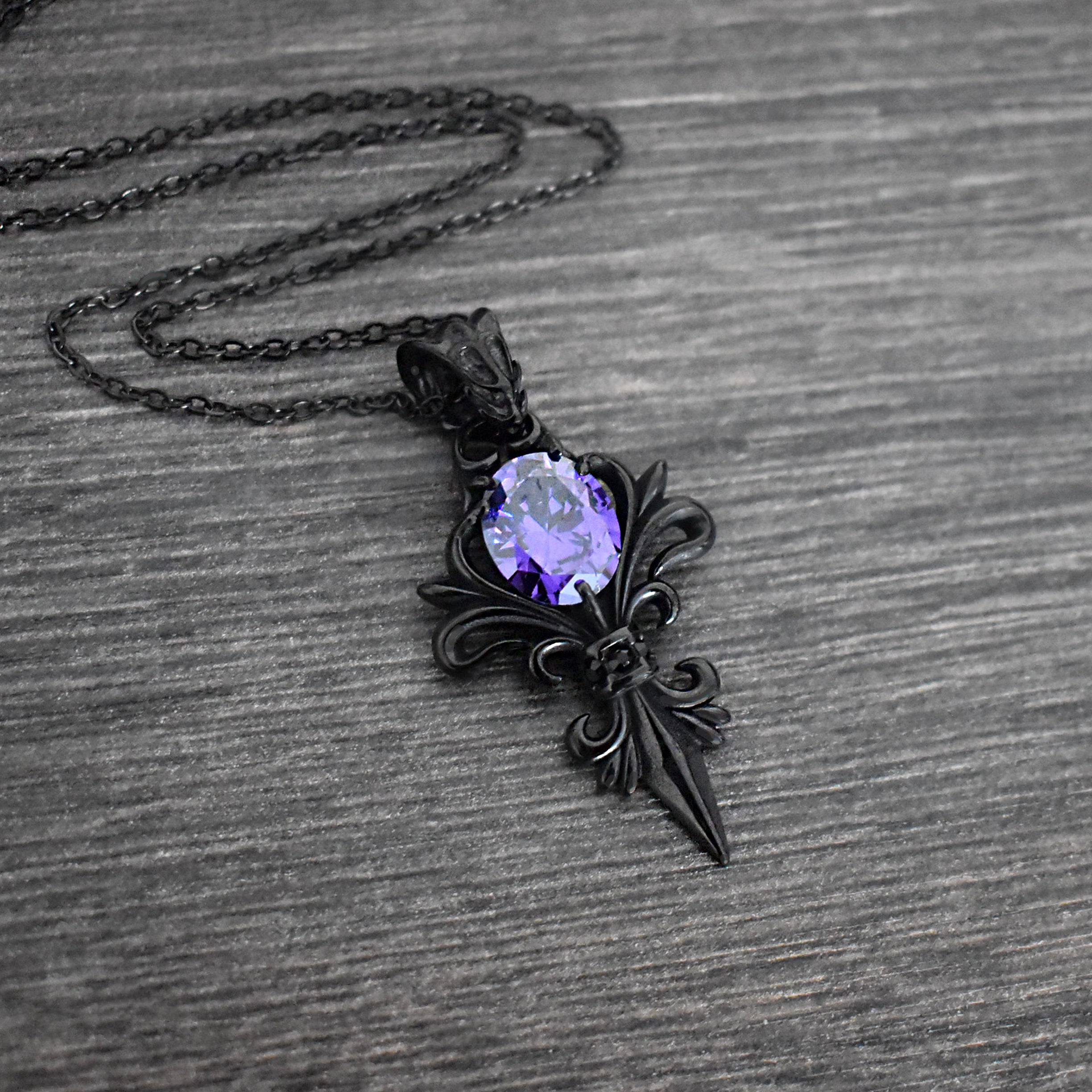 Gothic Fleur-de-Lis Necklace with Purple stone