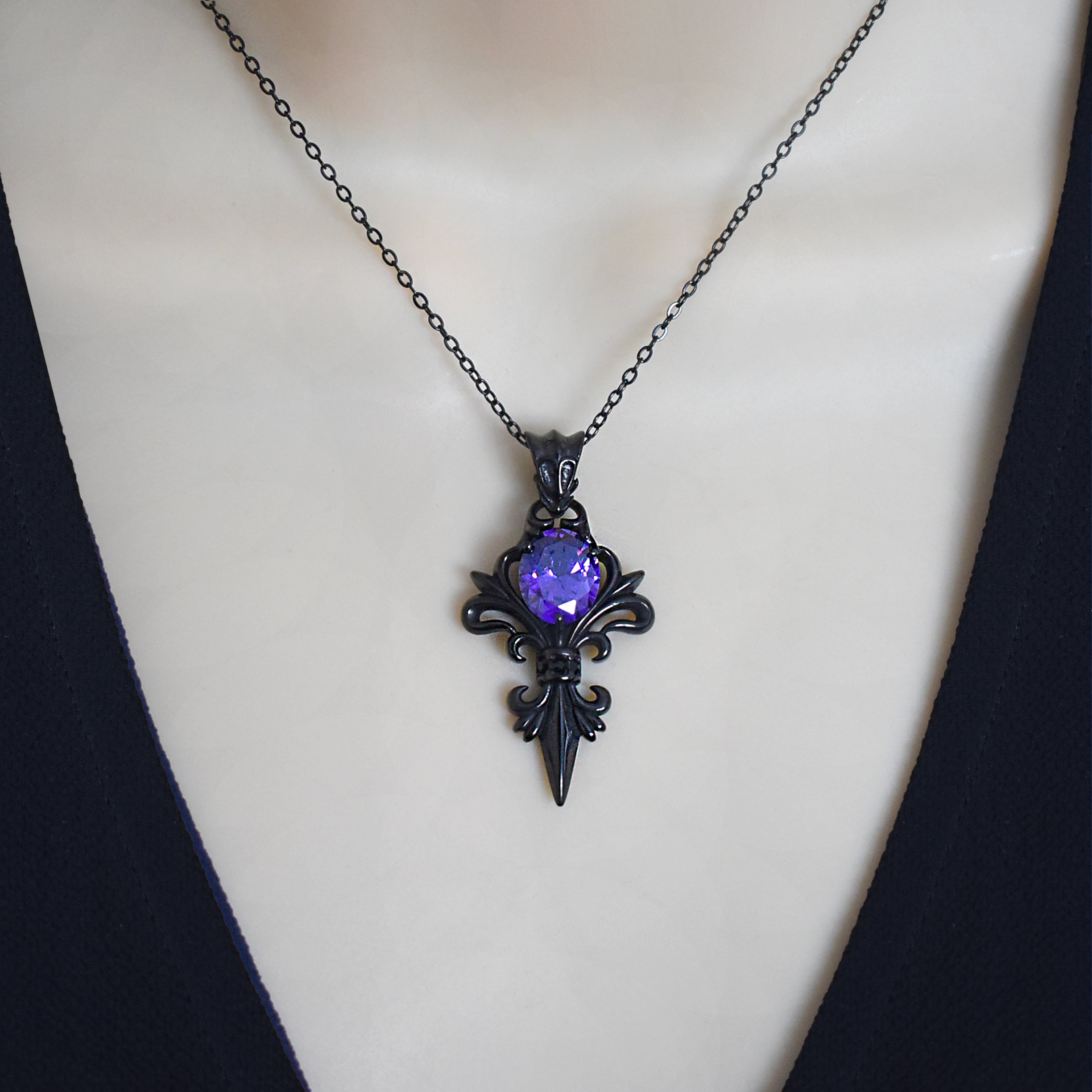 Gothic Fleur-de-Lis Necklace with Purple stone