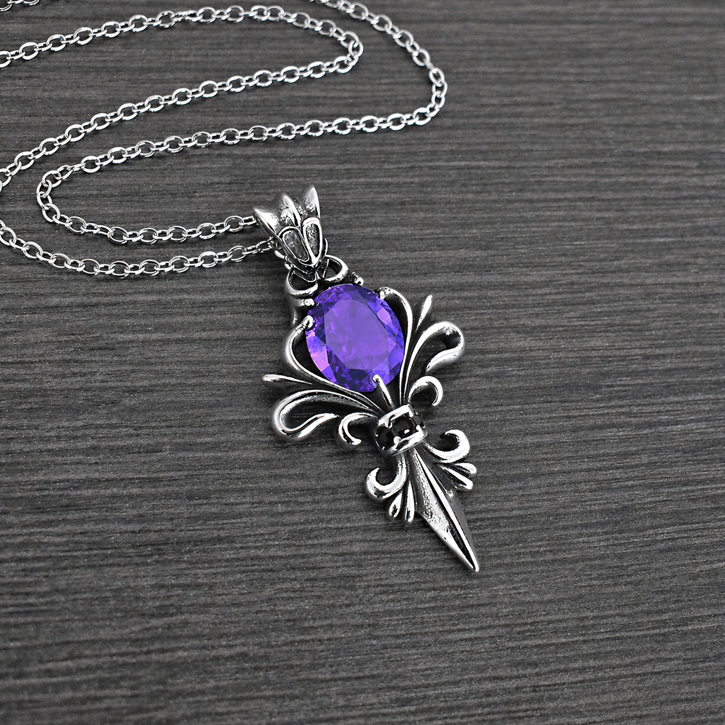 Gothic Fleur-de-Lis Necklace with Purple stone