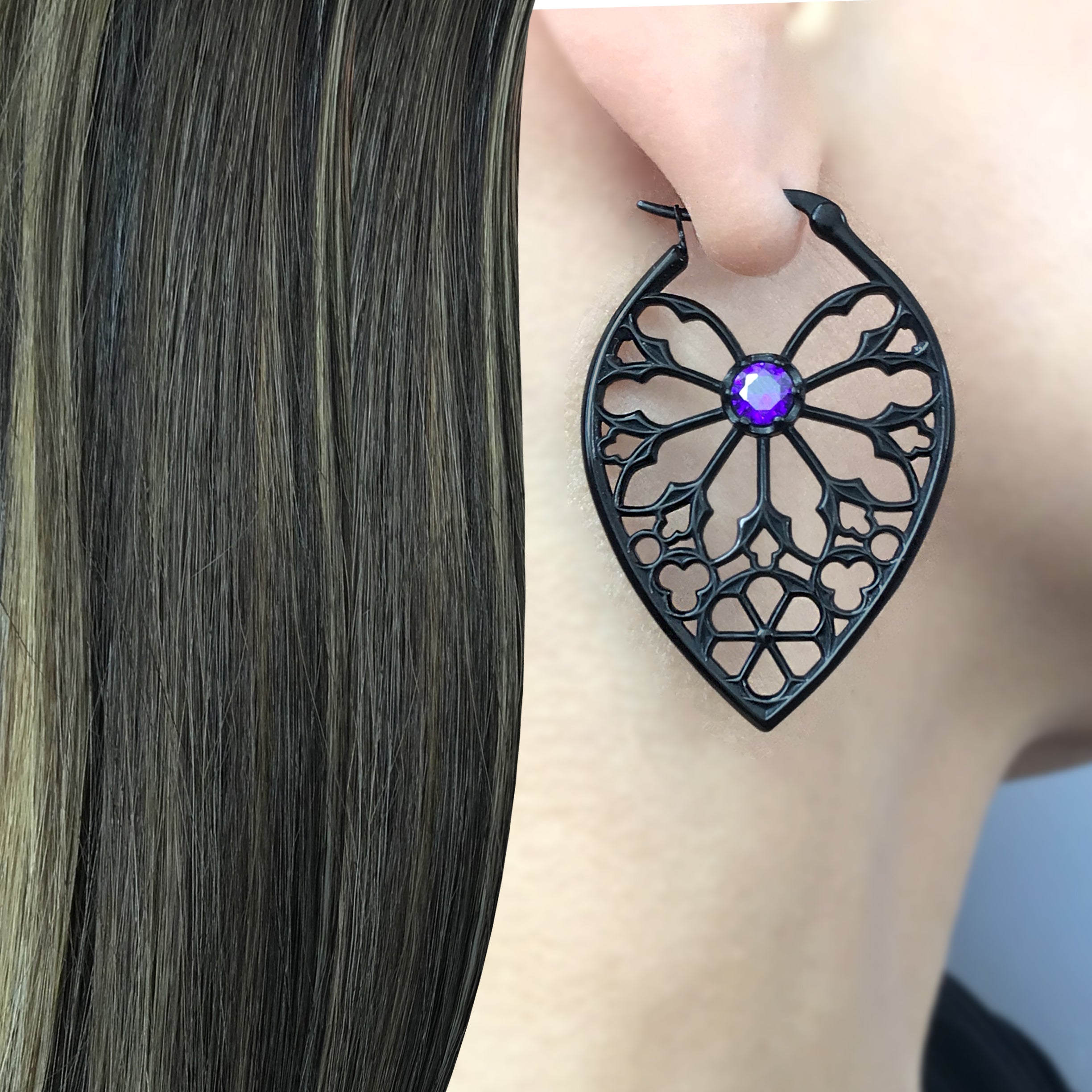 Aura Gothic hoop earrings with Purple CZ in Black