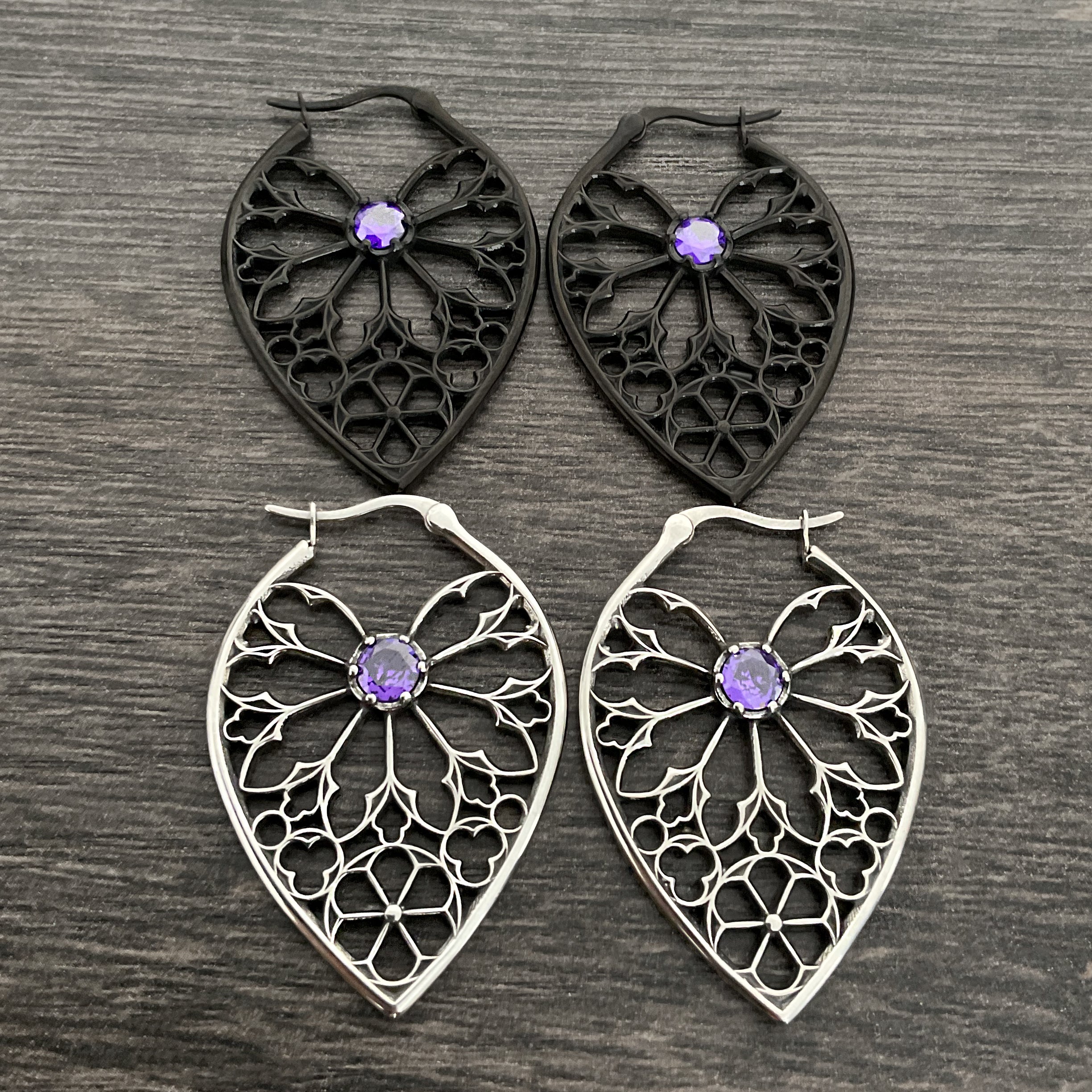 Aura Gothic hoop earrings with Purple CZ in Black