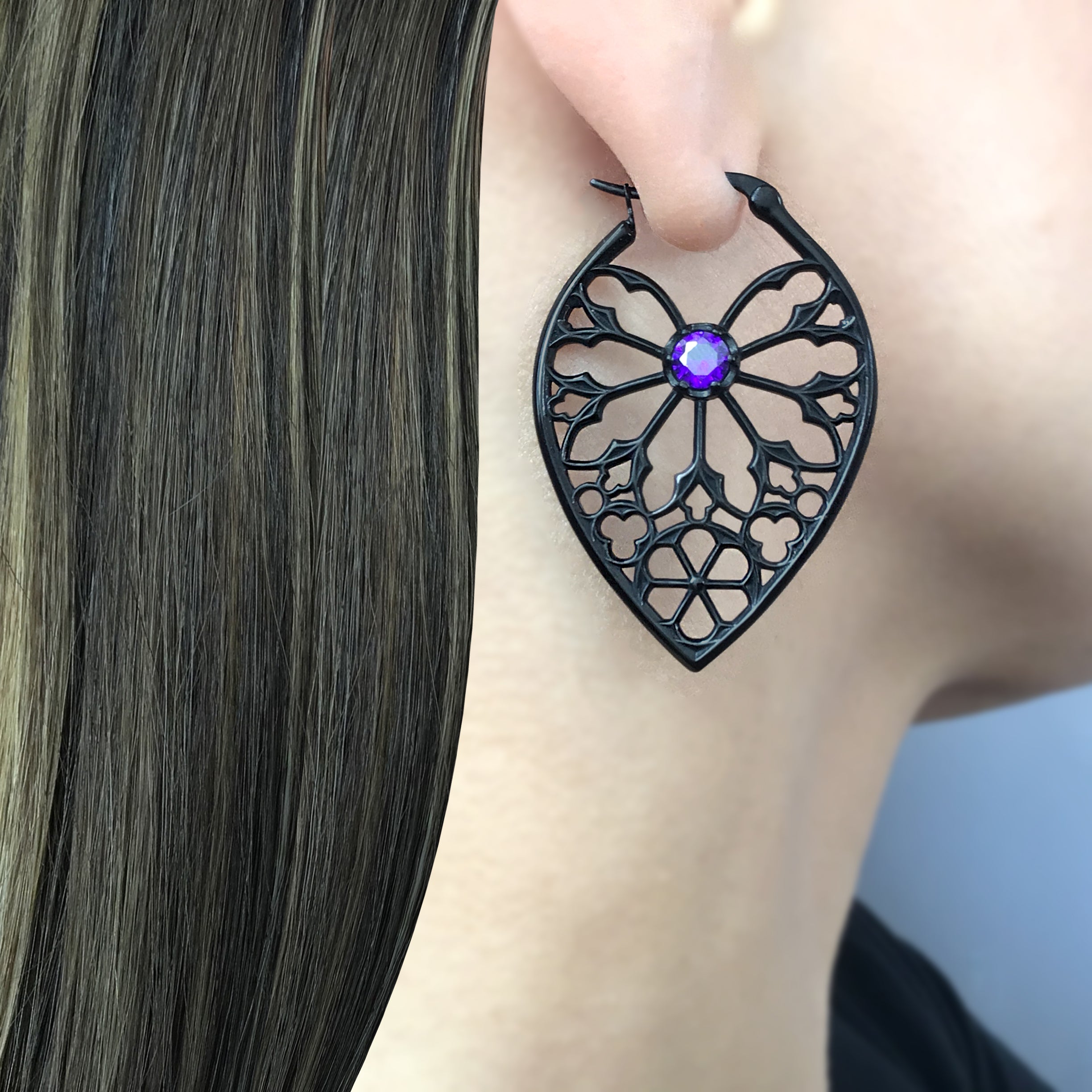 Aura Gothic hoop earrings with Purple CZ in Black