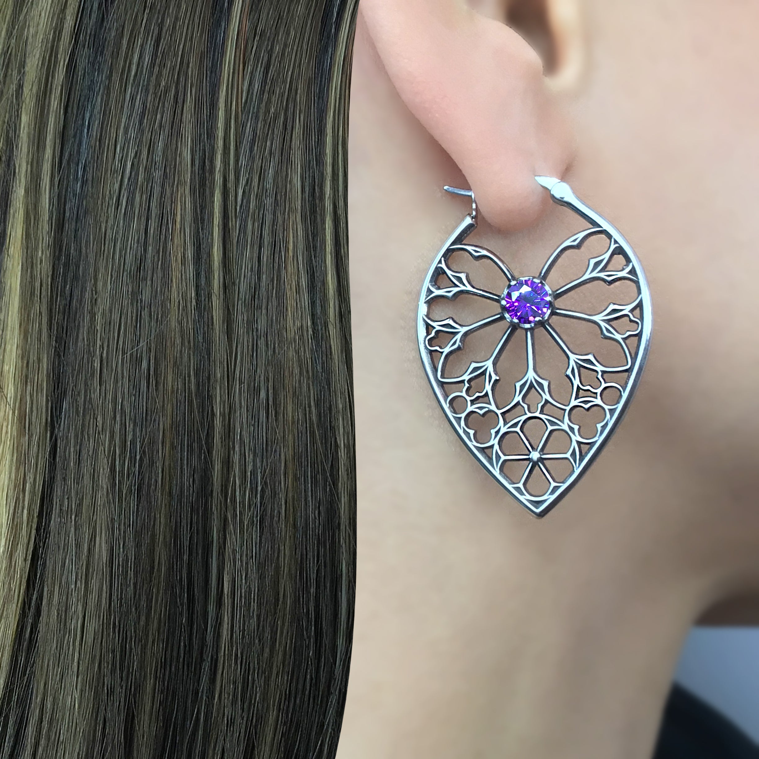 Aura Gothic hoop earrings with Purple CZ in Silver