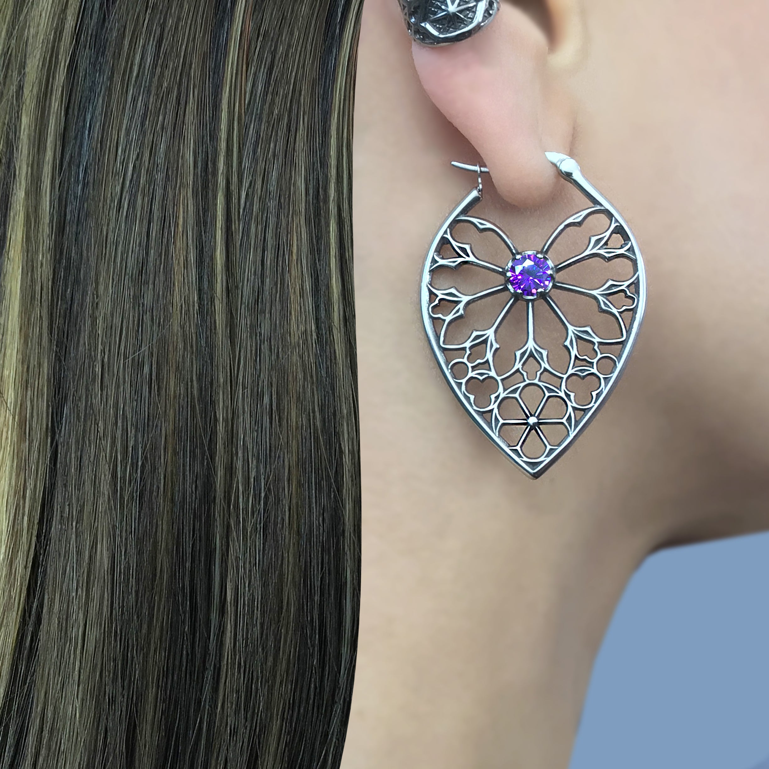 Aura Gothic hoop earrings with Purple CZ in Black